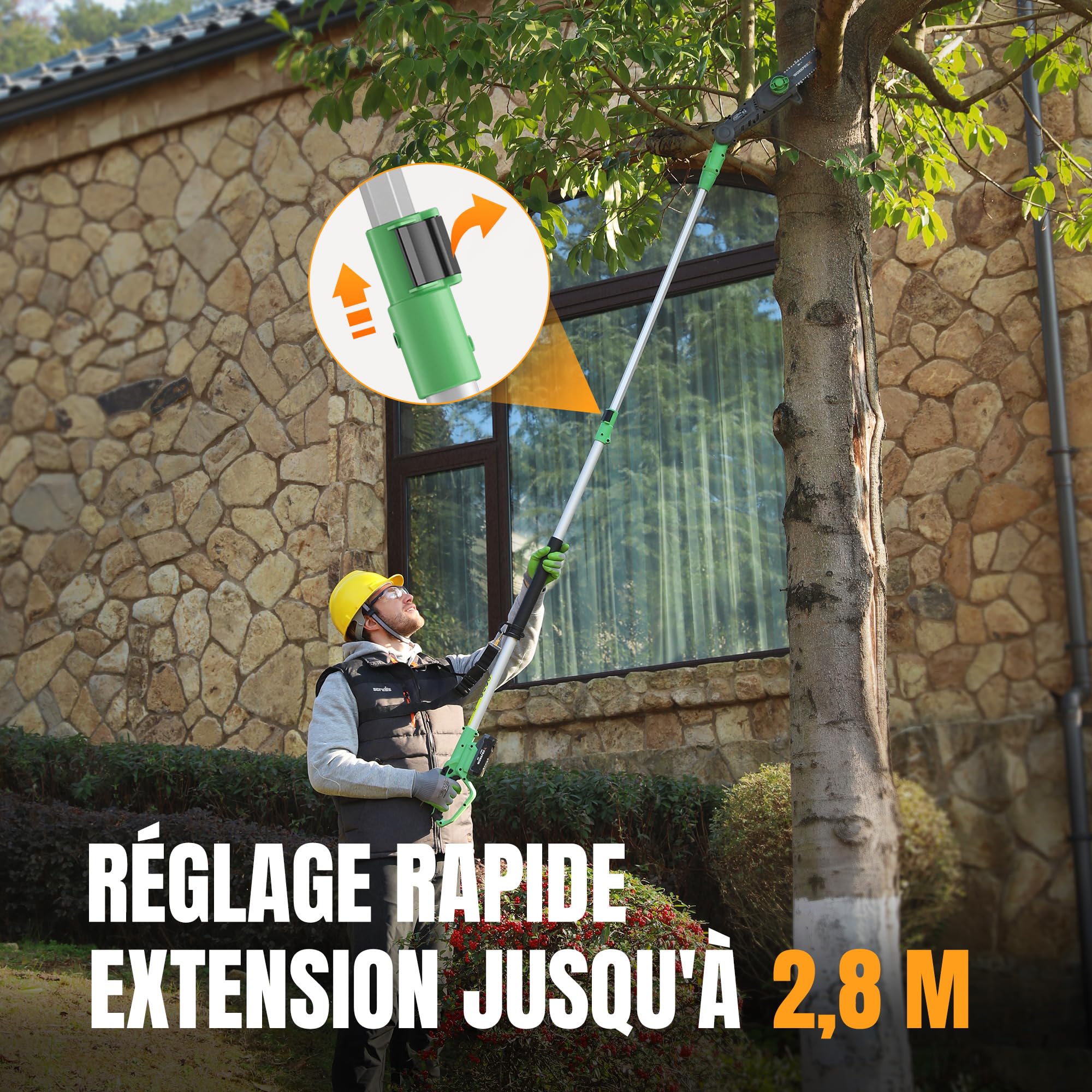 WORKPROX Élagueuse Télescopique sur Perche 20V pour Tailler Branches Hautes – Tronçonneuse à Batterie 4,0Ah, Extension Jusqu'à 4,5 m, Lame 20 cm, Angles de Tête Réglables, Lubrification Auto