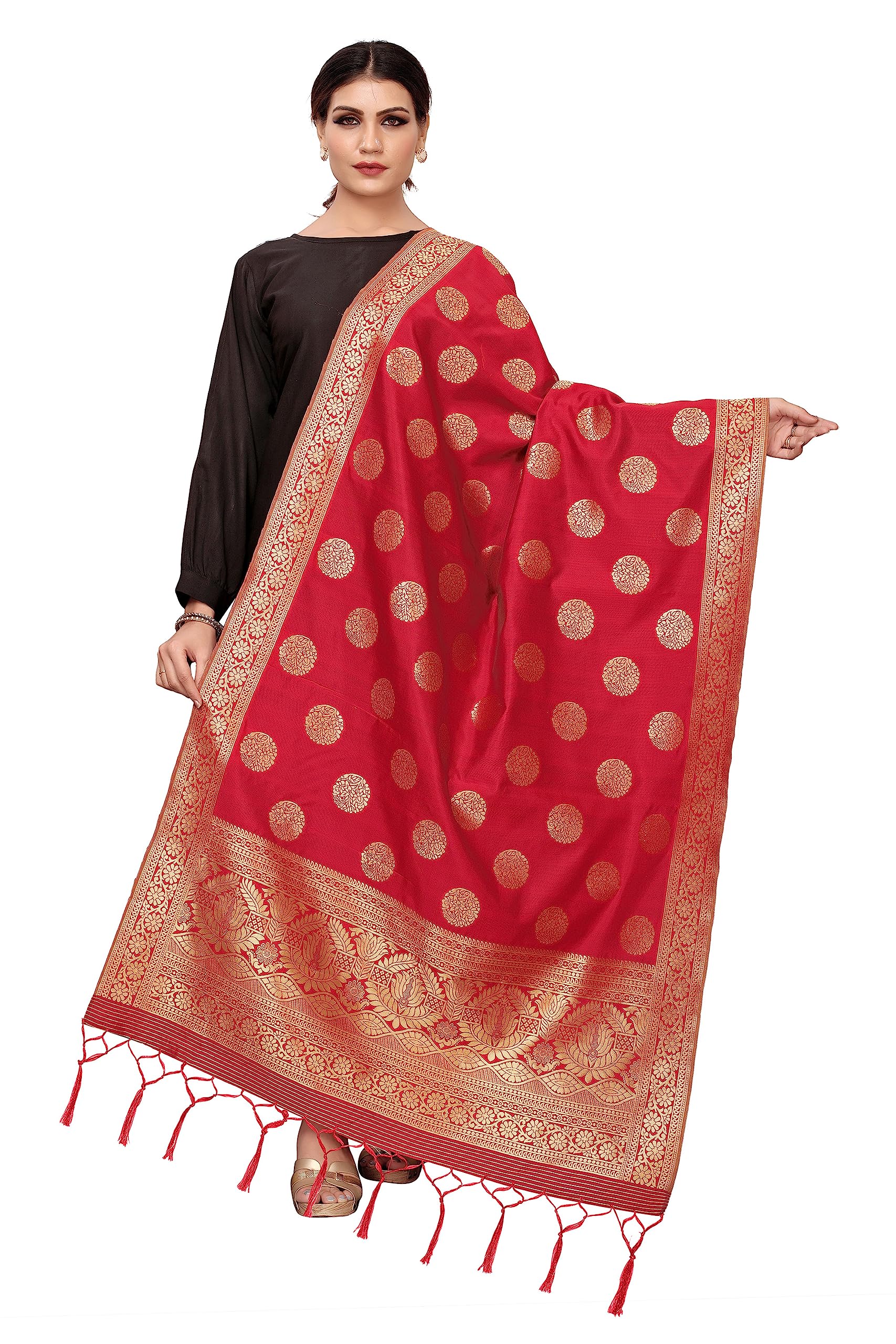 Women's Woven Silk Banarasi Dupatta/Scarf With Tassels & Zari Work