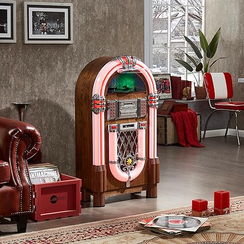 Miniatura 3 de Arkrocket Jukebox reproductor de discos de vinilo de tamaño completo Bluetooth USB SD Reproductor de CD Radio Tocadiscos Retro Jukebox clásico