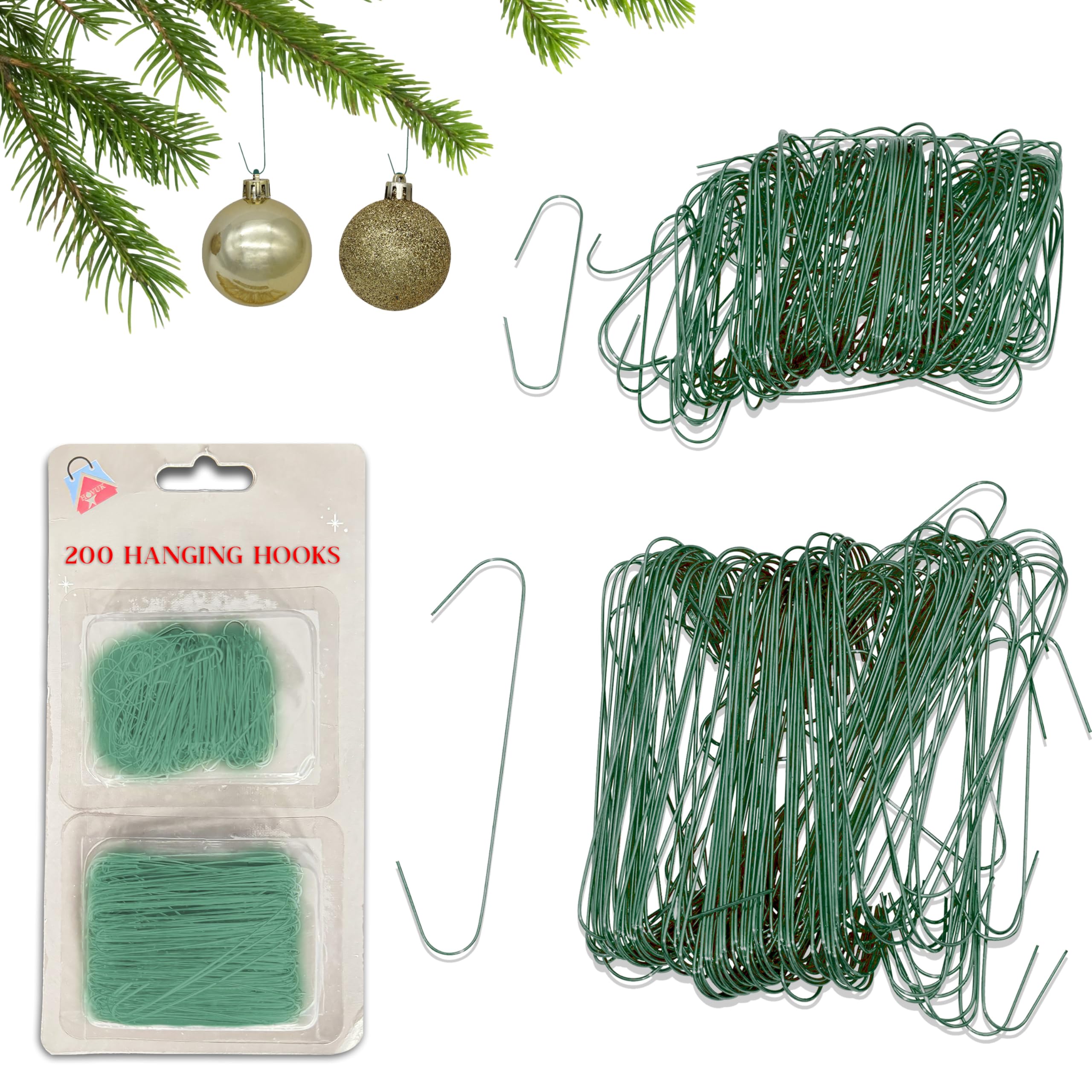 Hovuk 200Pk (Deep Green) 200X Deep Green Ornament Hooks For Christmas Party Decorations, Hangers Flexible Metal Wire Xmas Tree Ornaments Décor