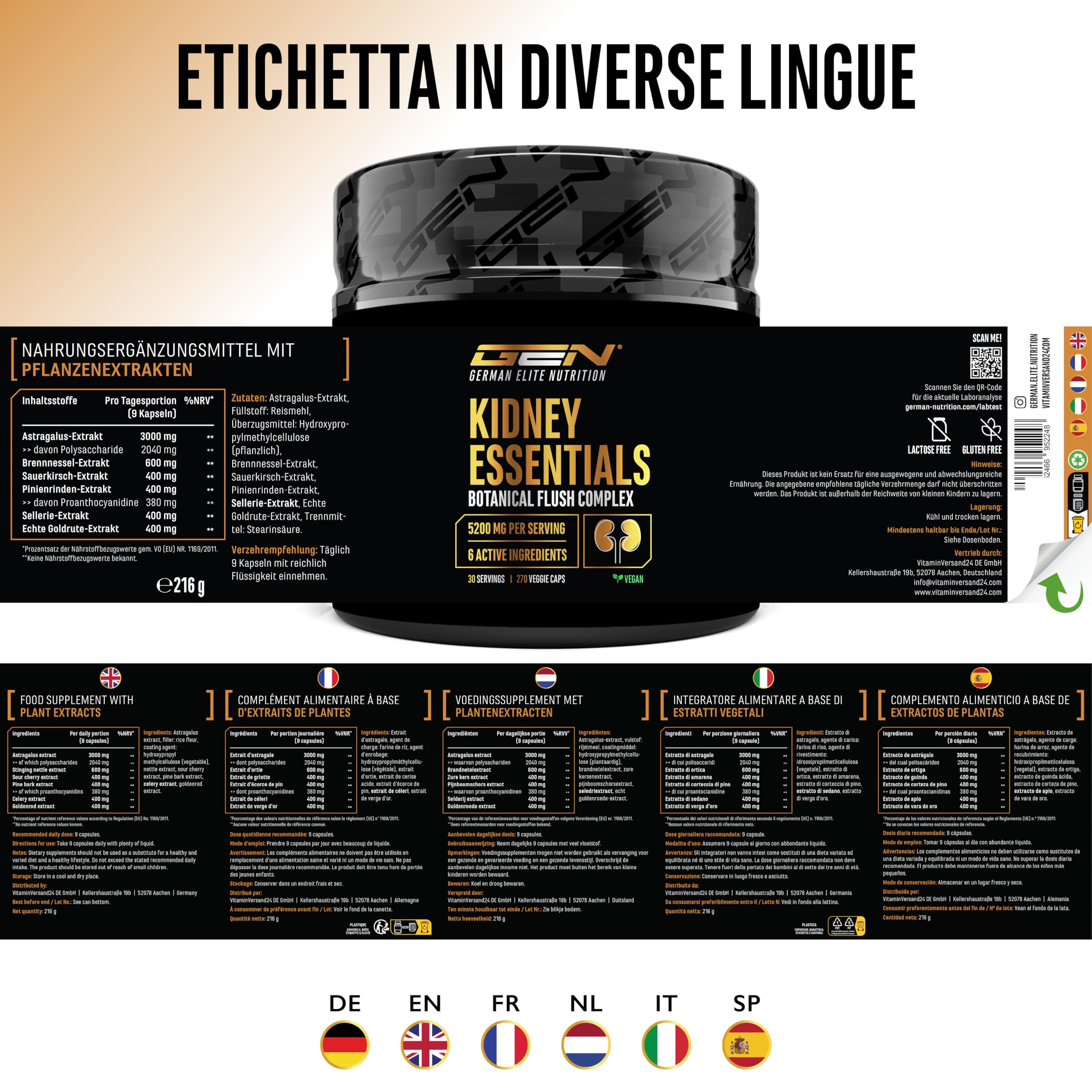 Kidney Essentials - 270 capsule - complesso Botanical Flush ad alto dosaggio con estratti di astragalo, ortica, amarena, corteccia di pino, sedano e verga d’oro - vegano