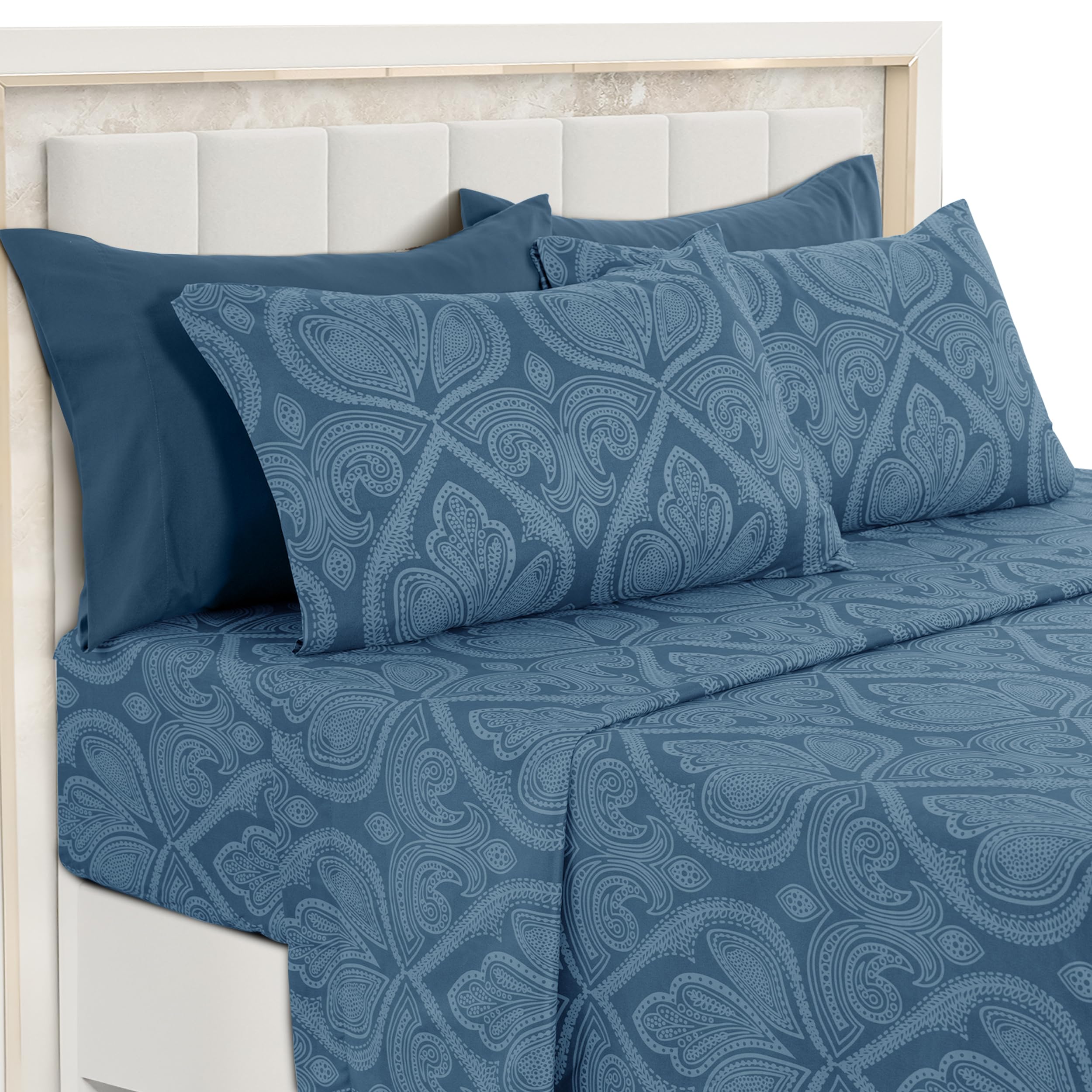 Lux Decor Collection 6 Piece Bed Sheet Set in 1800 Microfiber, Wrinkle, Stain, and Fade Resistant, Hypoallergenic, Navy Blue Cashmere Pattern for Double Bed