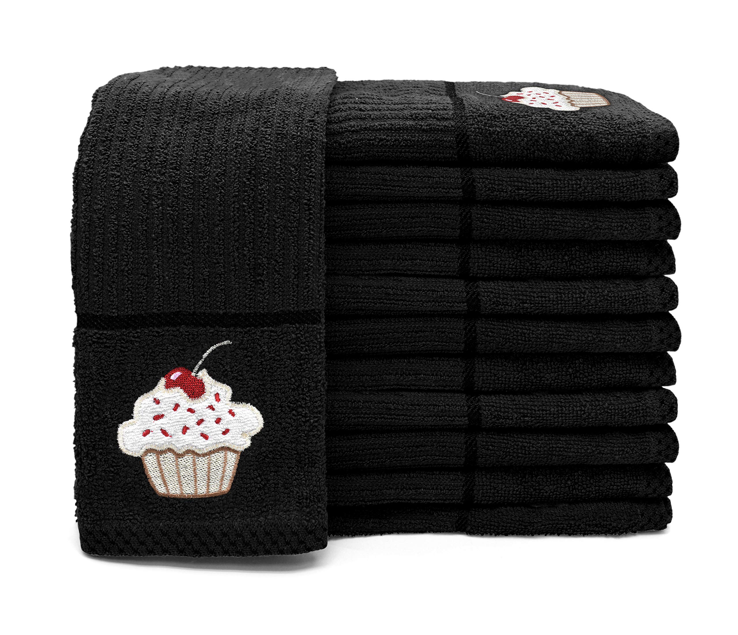 Ashley Mills Woven Embroidered Tea Towels Pack of 12 Large 40 x 70cms Super Absorbent Farm Animals 5 Styles 100% Cotton (12 Cupcakes, Black) โ image 1