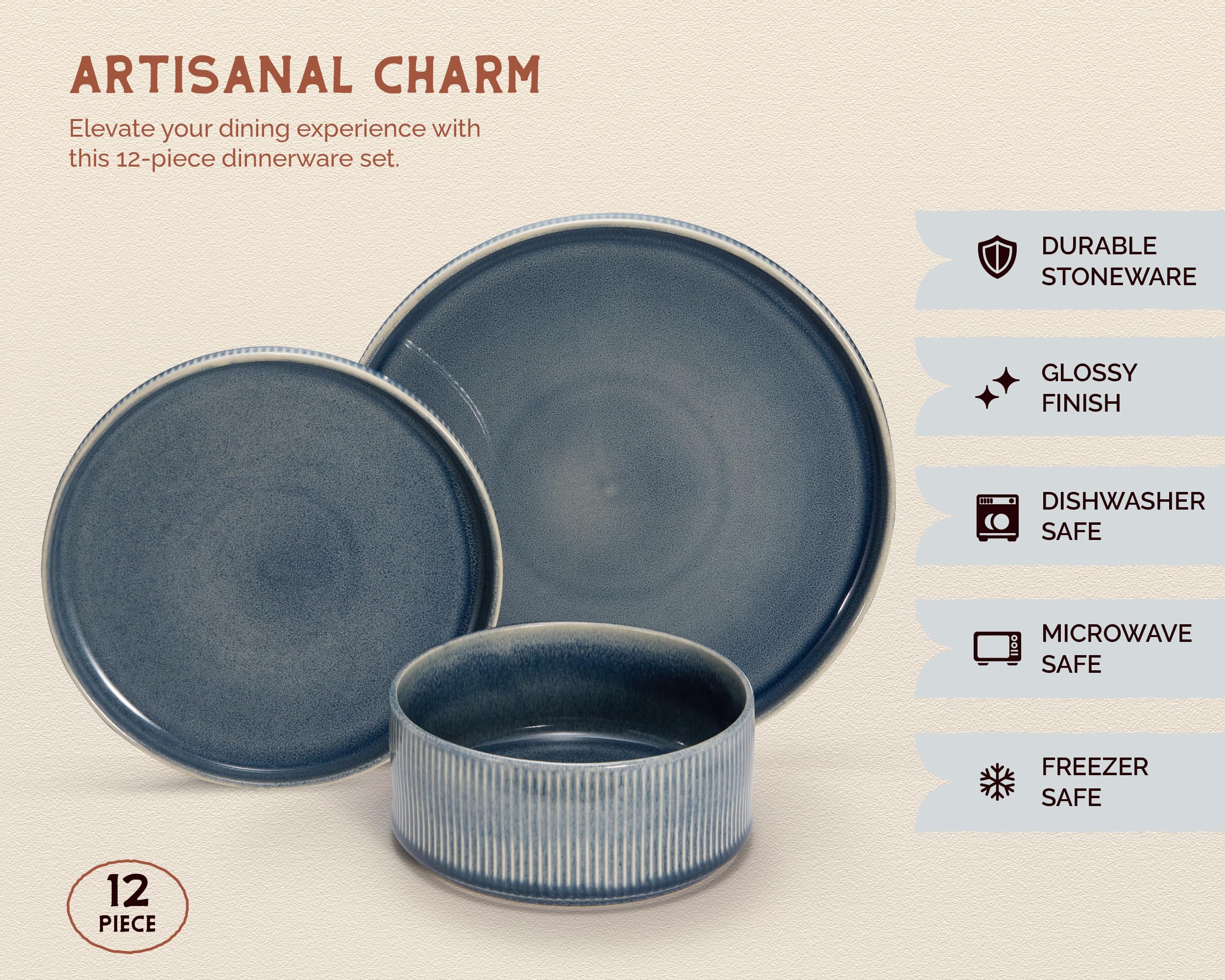 Vajilla de cerámica, por Vase and Vessel, servicio de 12 piezas para 4, platos llanos de 9.8 pulgadas, platos de ensalada de 8 pulgadas, cuencos de 20 onzas, esmalte reactivo degradado, cerámica
