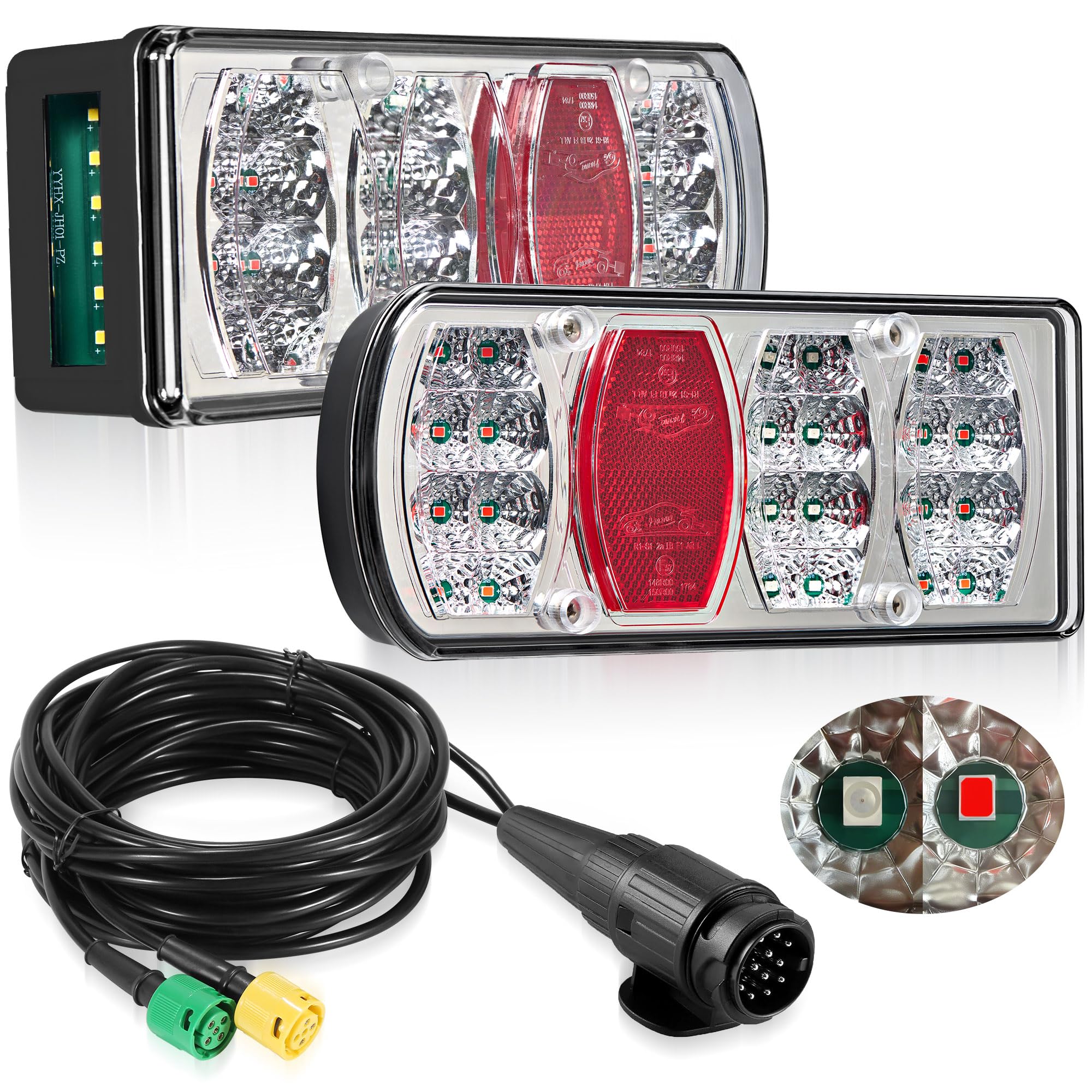 Pilotos Traseros Led Kit Luces Remolque 13 Pines 12V 24V 7Funciones con Luz de Piloto Marcha Atrás Plug & Play Conector Bayoneta 5 Pines Pre-cableado 5,5m para Caravana, Camion E57 IP65