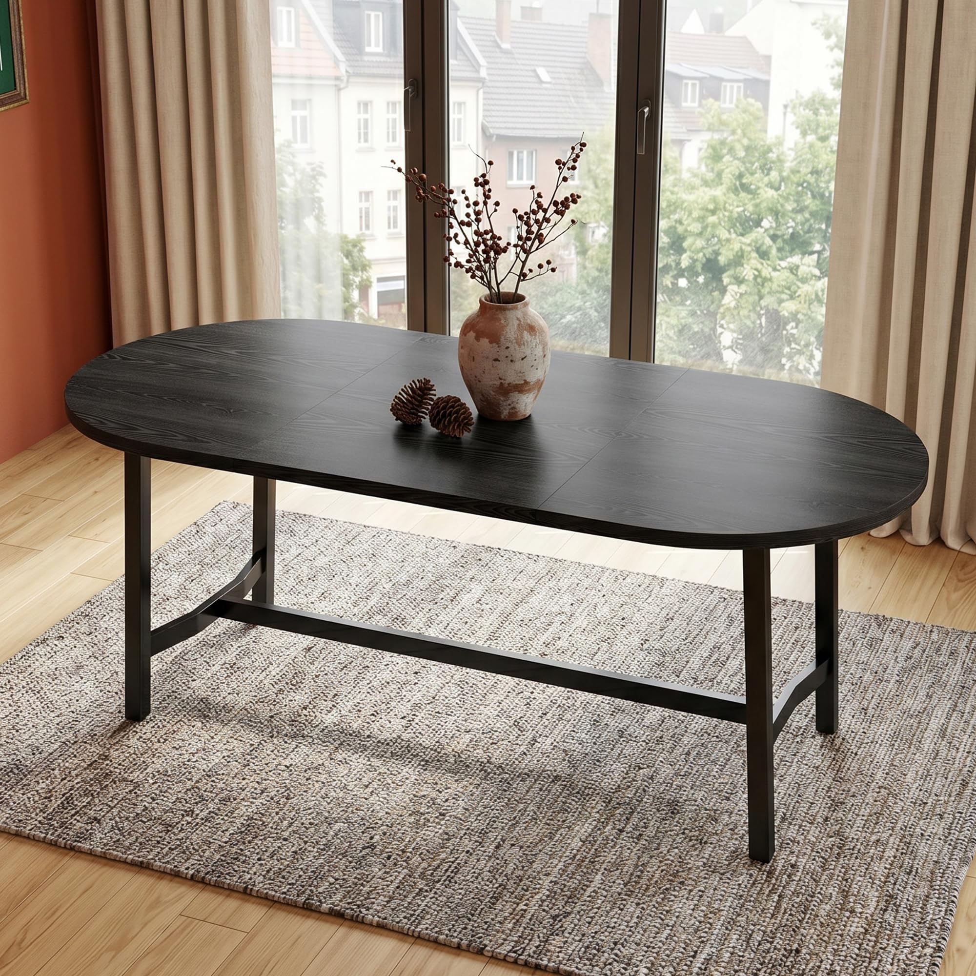 SACOOL Tavolo da pranzo, 180 x 80 x 75 cm, per 6-8 persone, angoli arrotondati, stile semplice, gambe in ferro, nero