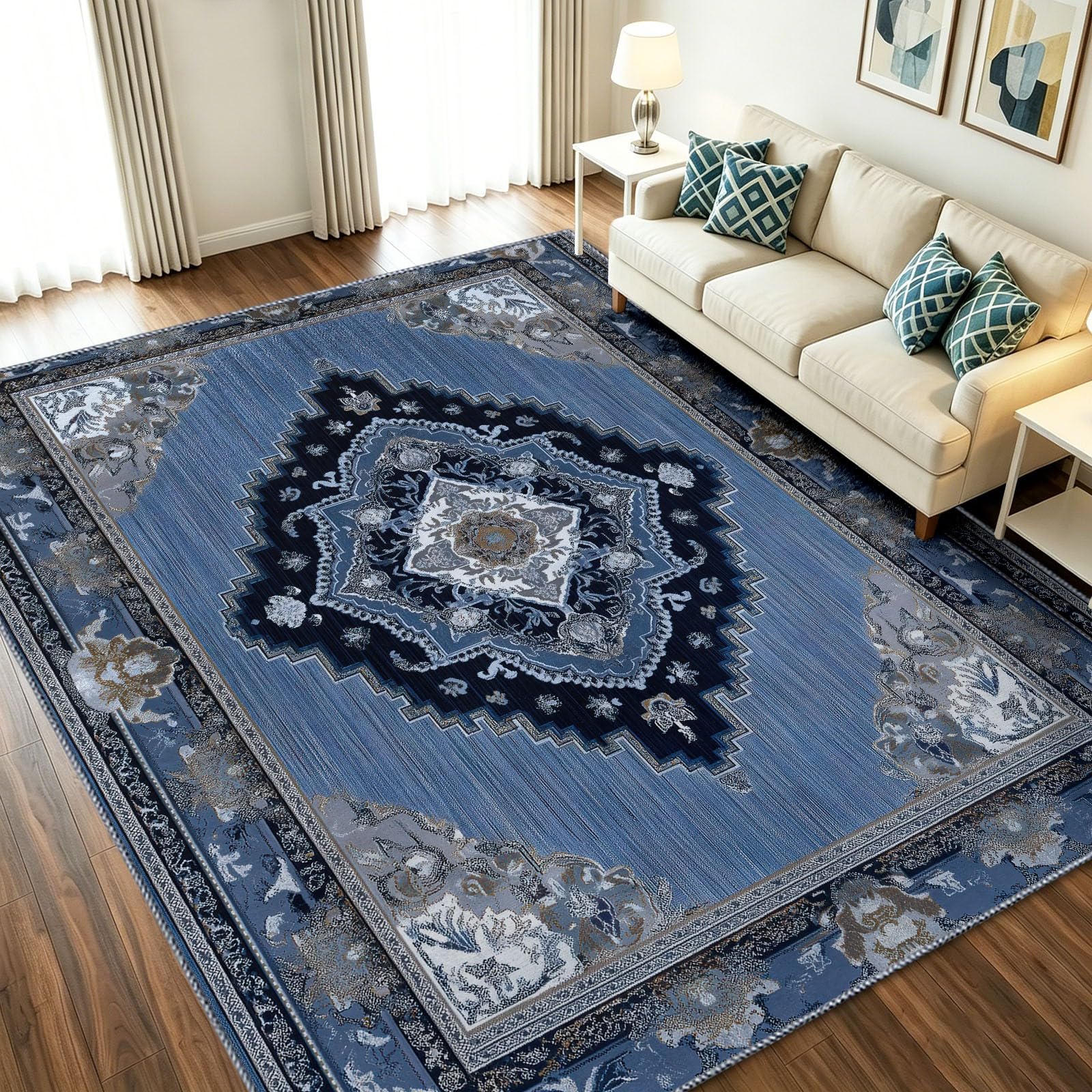 Felpudo interior azul tradicional vintage 60 x 90 para una entrada de casa acogedora