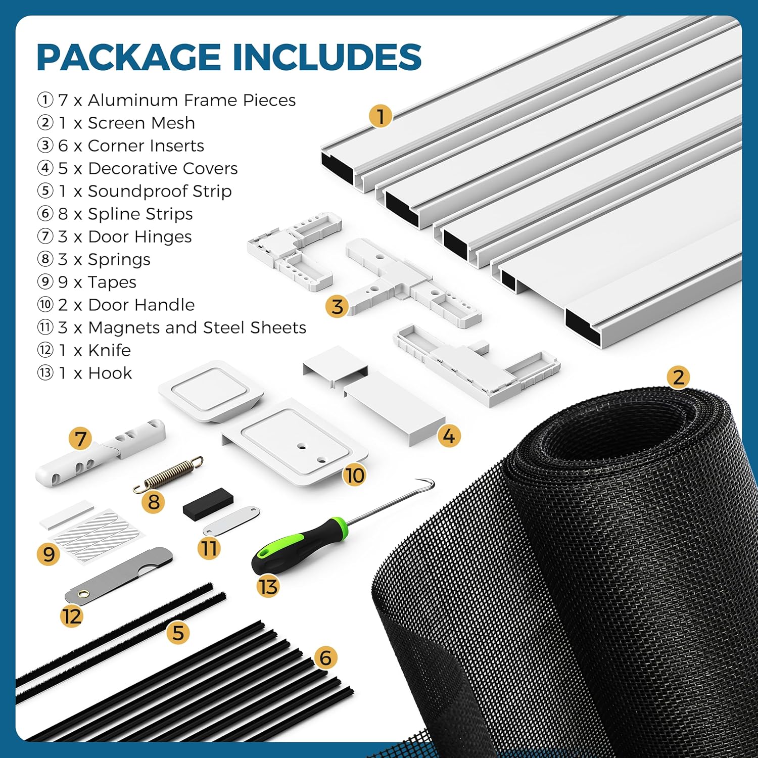 Augblinds Aluminium Hinged Screen Door Frame Kit, DIY Size Up to 39" x 98" Heavy Duty Pieces with Polyester Mesh, Let Fresh Air in, for Single Sliding Patio Backyard Door, White