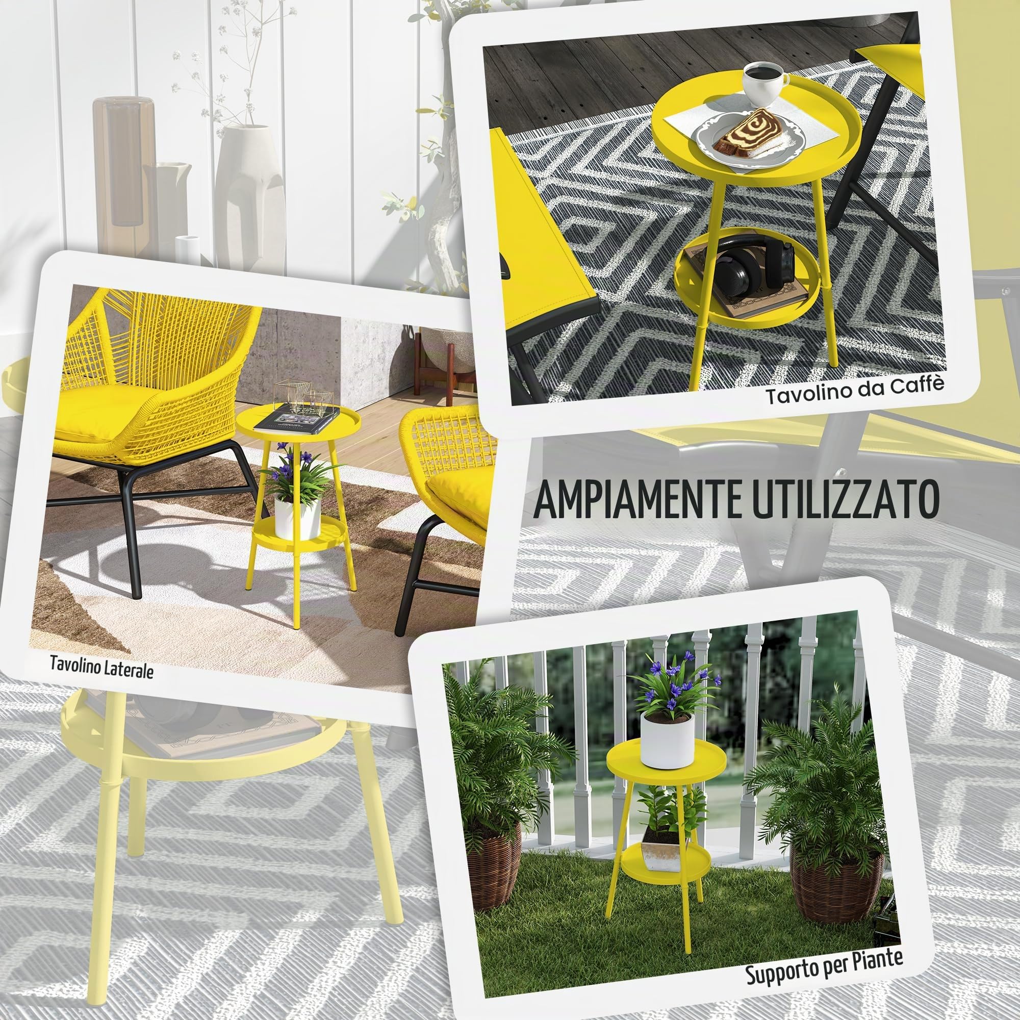 Outsunny Tavolino da giardino rotondo 2 livelli in metallo Giallo
