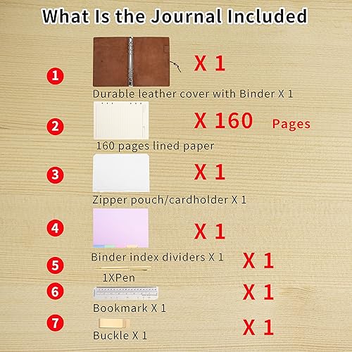 Miniatura 4 de Wonderpool - Diario de piel con forro de papel y bolígrafo, rellenable, 6 argollas, páginas a rayas, cubierta vintage para la oficina, viajes,