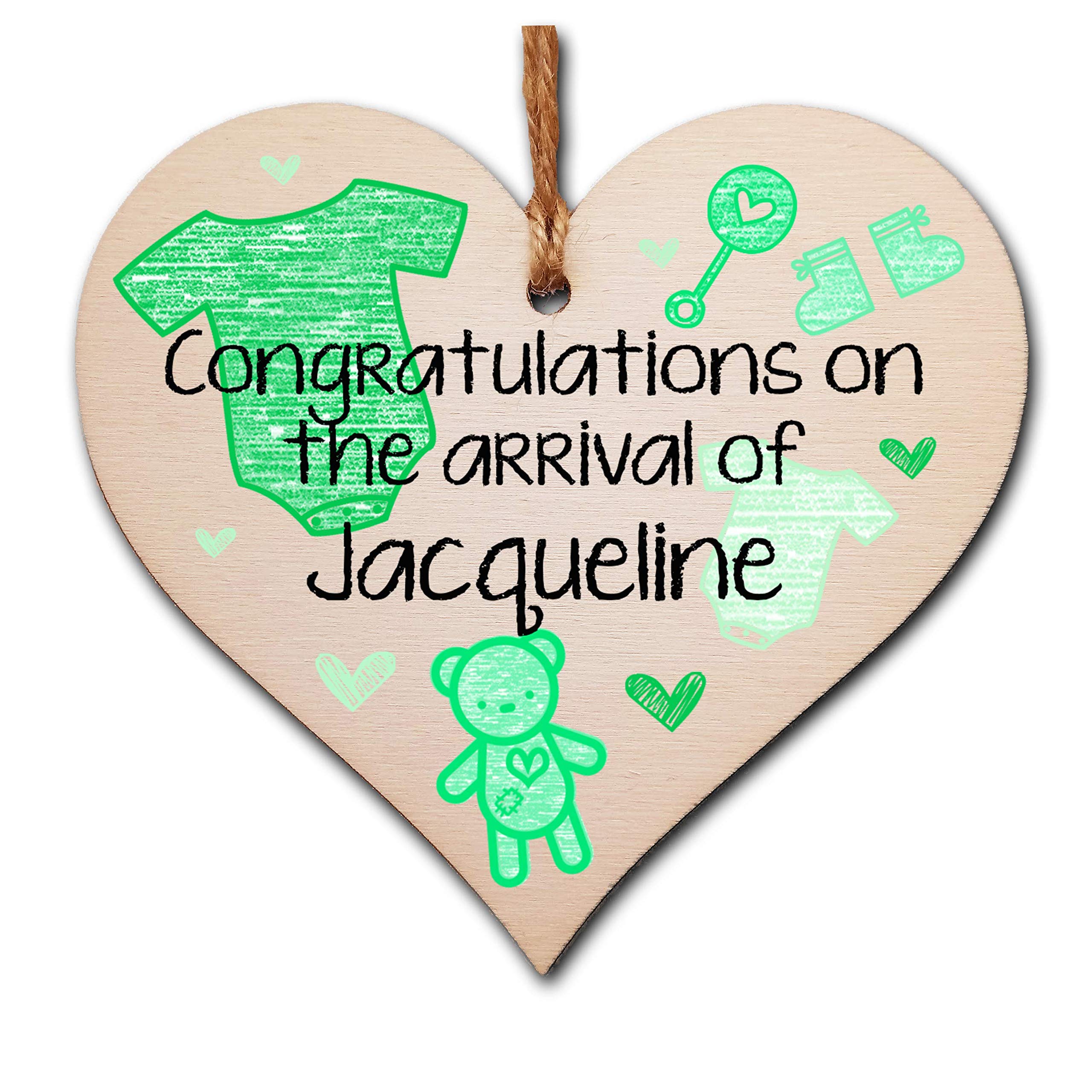 Personalised Handmade Wooden Hanging Heart Plaque Gift Congratulations on the arrival of new baby new parents present green gender neutral nursery wall decoration crayon style โ image 1