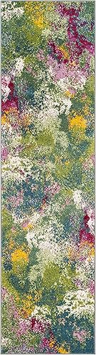 Miniatura 3 de SAFAVIEH Watercolor Collection - Alfombra para pasillo, 2.3 x 10 pies, color verde y fucsia, diseño abstracto bohemio colorido, no desprende pelusa