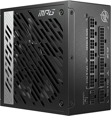 MSI MPG A1000G PCIE5 Bloc d’alimentation Prise EU, 1000W, Certifié 80 Plus Gold, ATX 3.0 100% Modulaire, Support GPU PCIe 5.0, Condensateurs Japonais 105°C, Mode 0 RPM, Câbles Plats – Garantie 10 Ans