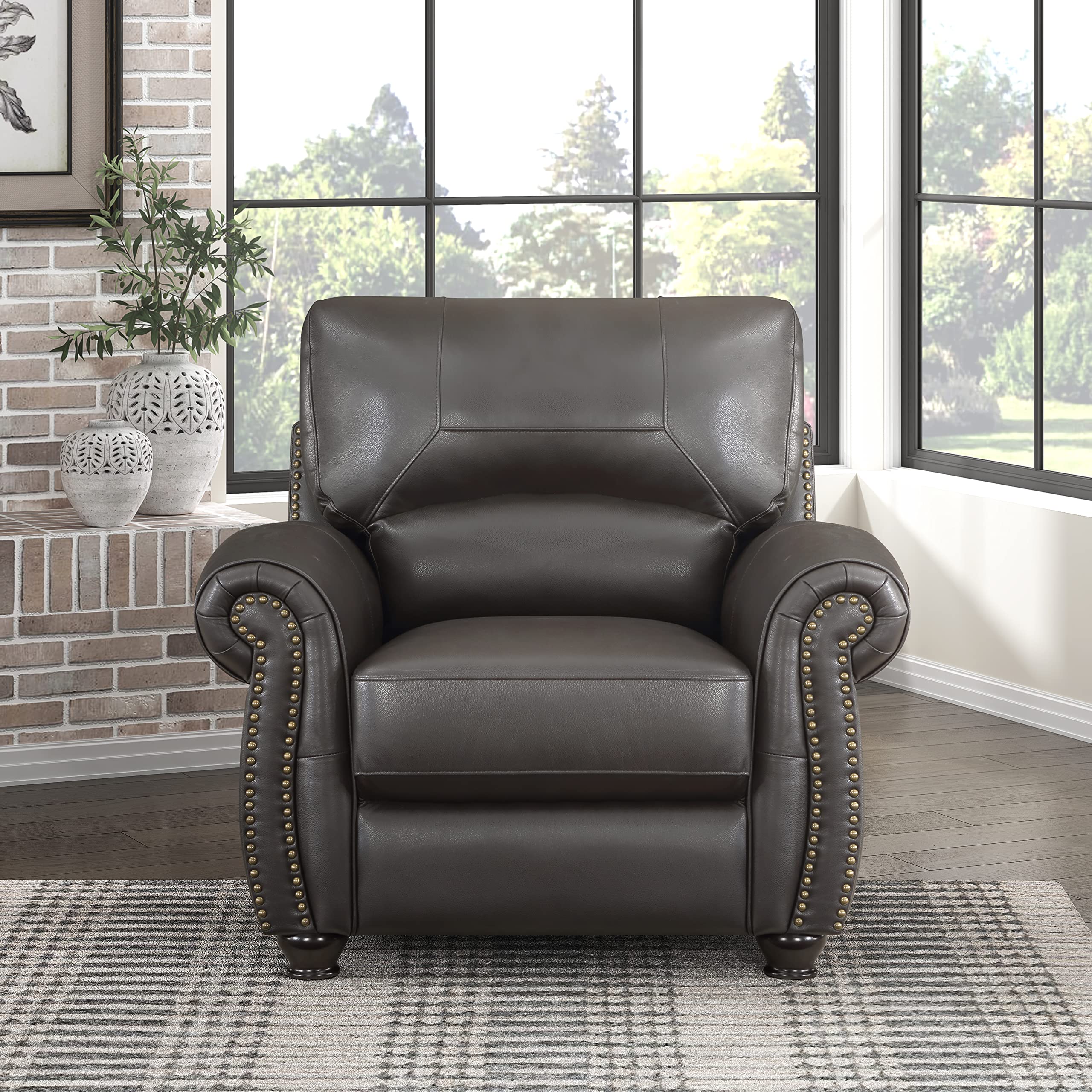 Lexicon Top Grain Leather Match Chair Accent Chairs for Living Room with Solid Wood Frame, Rolled Armrest & Nailhead Trim, Comfy Reading Chair for Bedroom, Office, Waiting Room, Dark Brown​