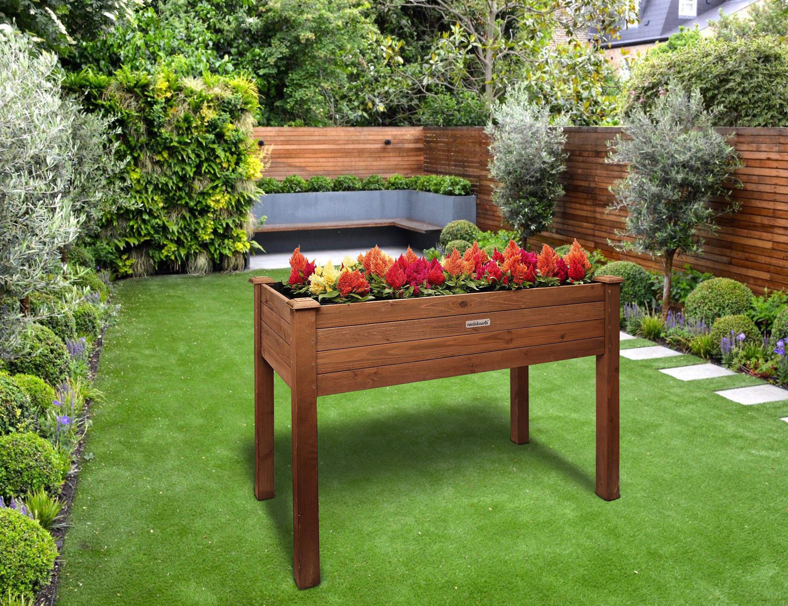needs&wants® Huerto urbano, jardinera elevada de madera para jardín, balcón o terraza, kit de maceta rectangular estrecha con lámina de vellón, maceta decorativa para hierbas aromáticas, marrón oscuro