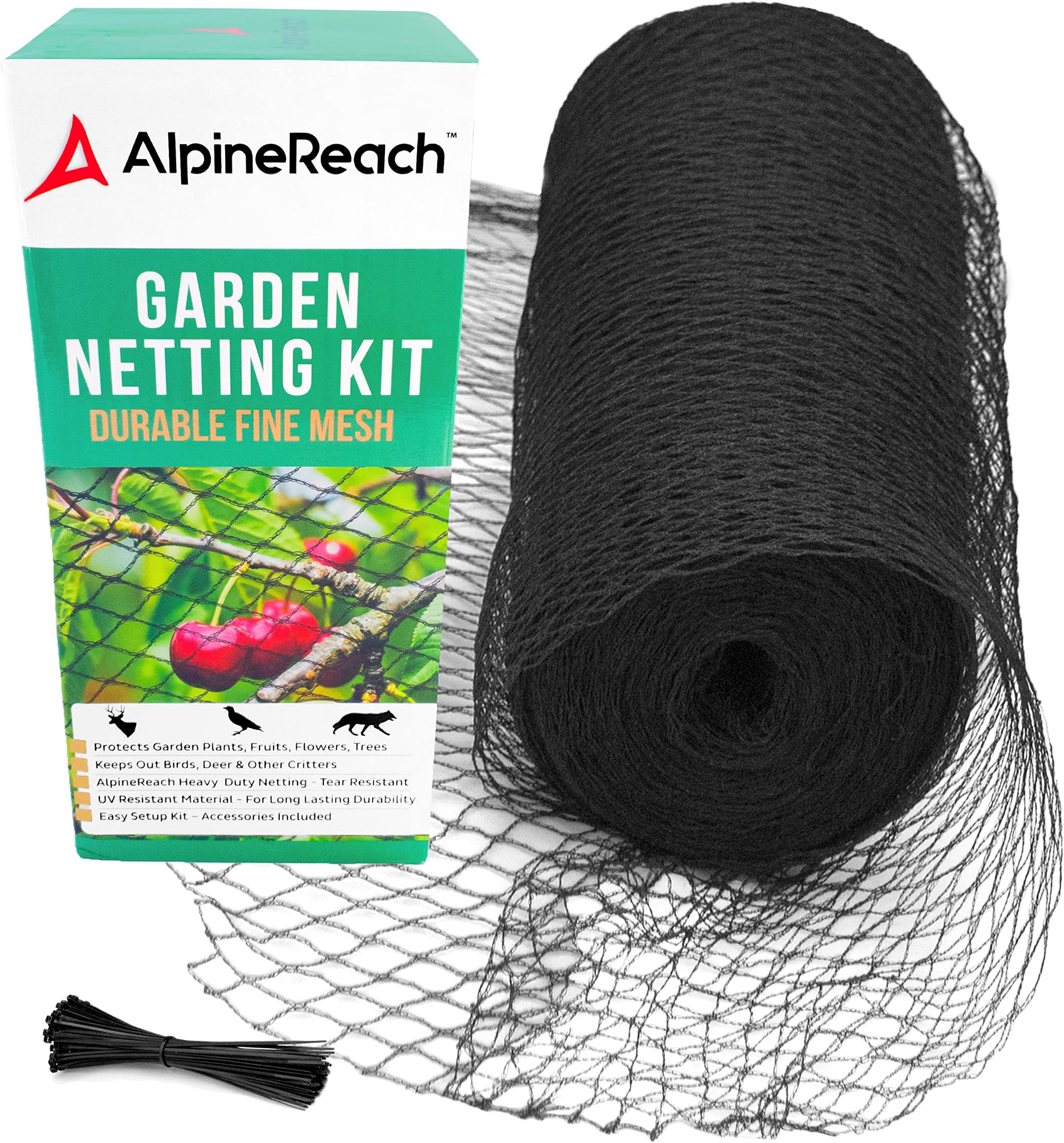 Garden Netting 7.5 x 65 ft Heavy Duty Bird Net, Deer, Plant Protection Extra Strong Woven Mesh, Reusable Kit with Zip Ties, Animal Fencing for Fruits Trees, Black