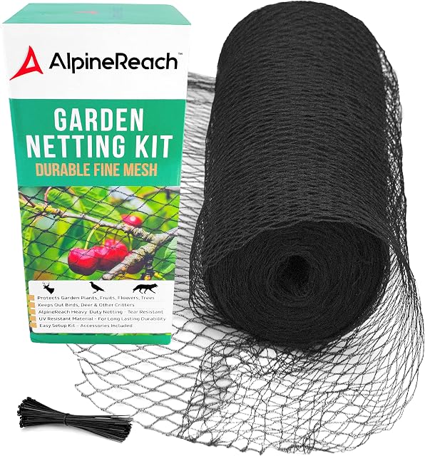 AlpineReach Garden Netting Extra Strong Woven Mesh Bird Netting Heavy Duty Kit 2m x 20m - Protect Plants & Fruit Trees Against Animals & Deer Fencing Protection Black - Reusable with Cable Ties