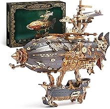 LED 3D Wooden Puzzle Airship Model - Steampunk Wooden Building Model with LED Lights - Airship Model Building for Adults (Grey)
