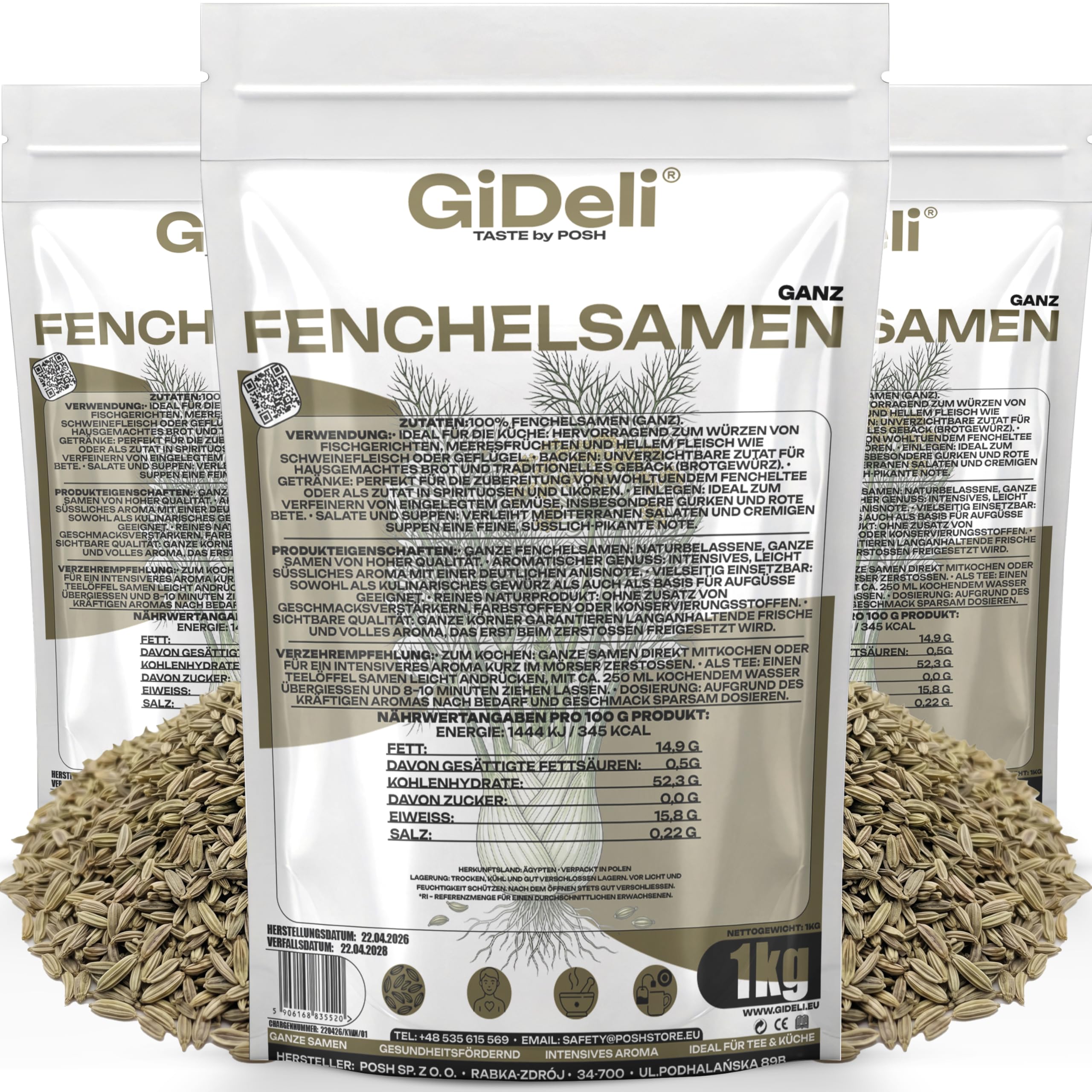 GiDeli Fenchelsamen Ganz aus Ägypten 3x1kg - 100% Naturrein & ohne Zusatzstoffe - Premium Fenchelsaat für Fencheltee, Kräutertee & Brotgewürz - Mediterrane Würze mit Anisnote