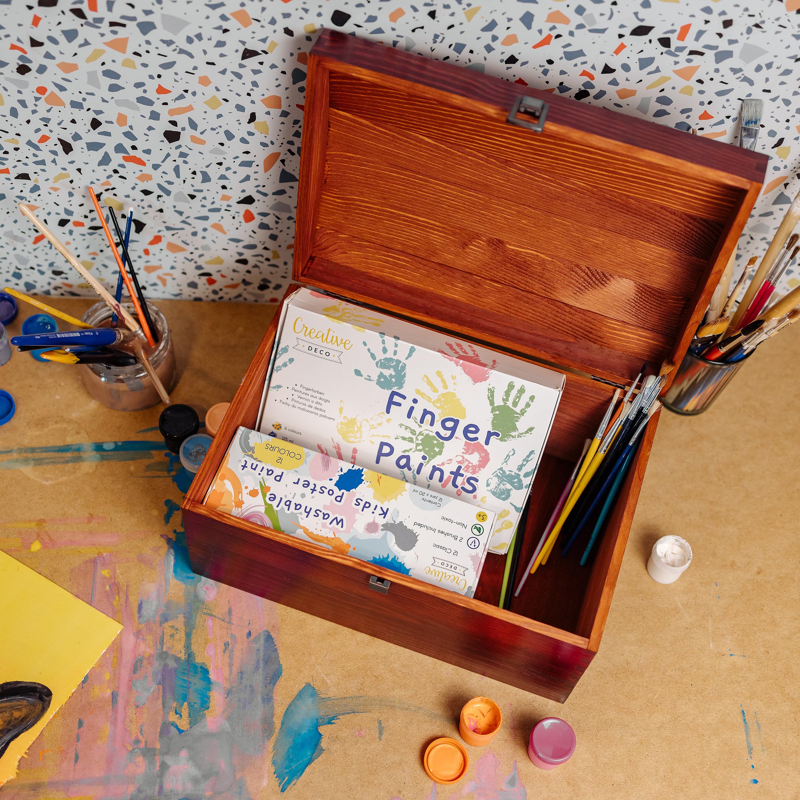 Creative Deco XXL Große Rot Holztruhe Holzkiste mit Deckel 34,5x25x19,2 cm | mit Schloss| Schatztruhe Groß Spielzeugkiste Holzbox Lackiert Kasten ohne Griffen | für Wertsachen und Spielzeuge
