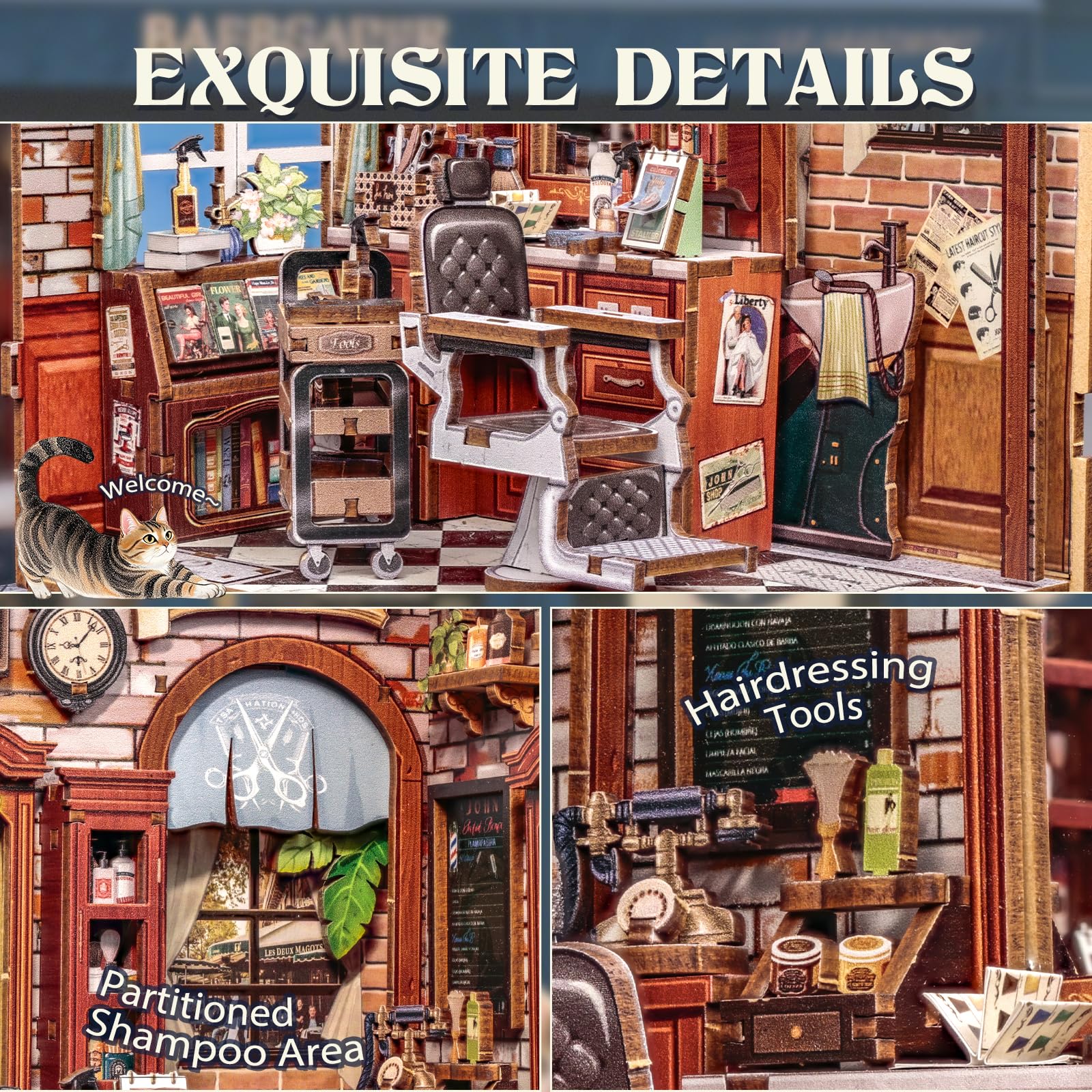 Cutefun Book Nook - DIY Miniatur Häuser Kit aus Holz mit LED-Beleuchtung, 3D Puzzleset für Bücherregal-Dekoration, Ideales Kreativgeschenk für Jugendliche und Erwachsene(John's Hair Salon) | 3D Holzpuzzle für Anfänger Bücherregal Einsatz Dekor mit LED-Lic