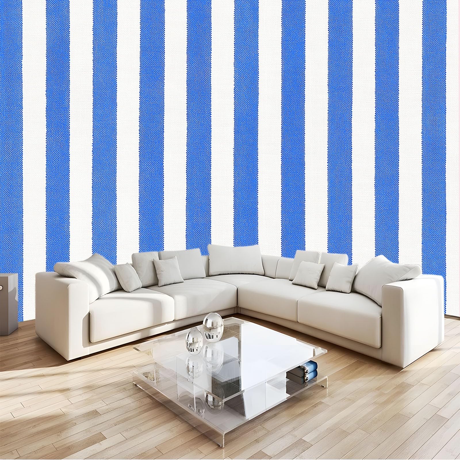 Générique Panoramiczna tapeta 200 x 140 cm abstrakcyjne świeże klasyczne paski - tapeta z efektem 3D gobelin ścienny z włókniny - dekoracja ścienna do salonu, sypialni i kuchni, niebieska