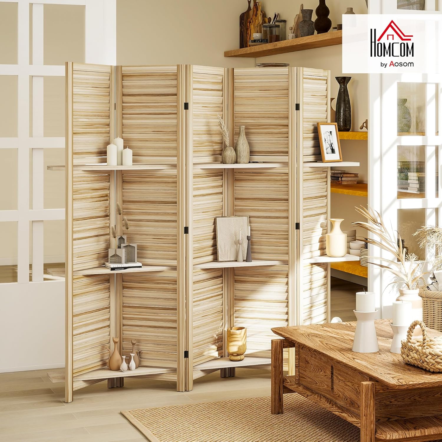 HOMCOM Room Divider, 5 Panel 67" Tall Wood Privacy Screen with 3 Display Shelves, and Folding Storage for Bedroom or Home Office, Natural Wood