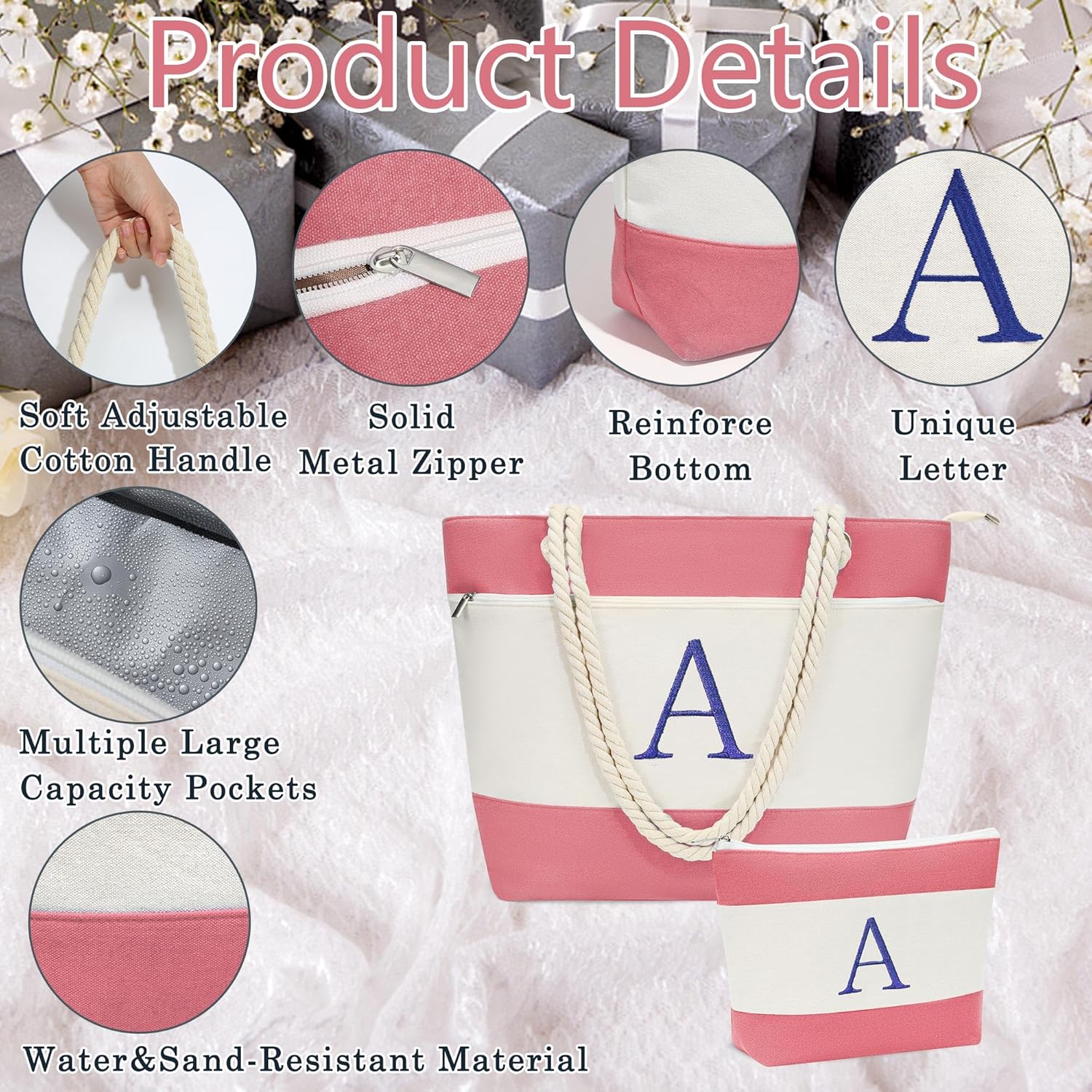 YOOLIFE Christmas Gifts for Women - Personalized Initial Canvas Beach Bags for Women Gifts for Mom Teacher Friend Birthday - Image 5