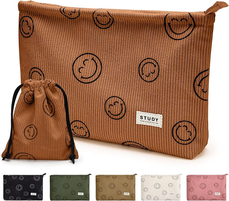 WLLWOO WLLWOO Conjunto com 2 necessaires de maquiagem em veludo cotelê com bordado de rosto sorridente