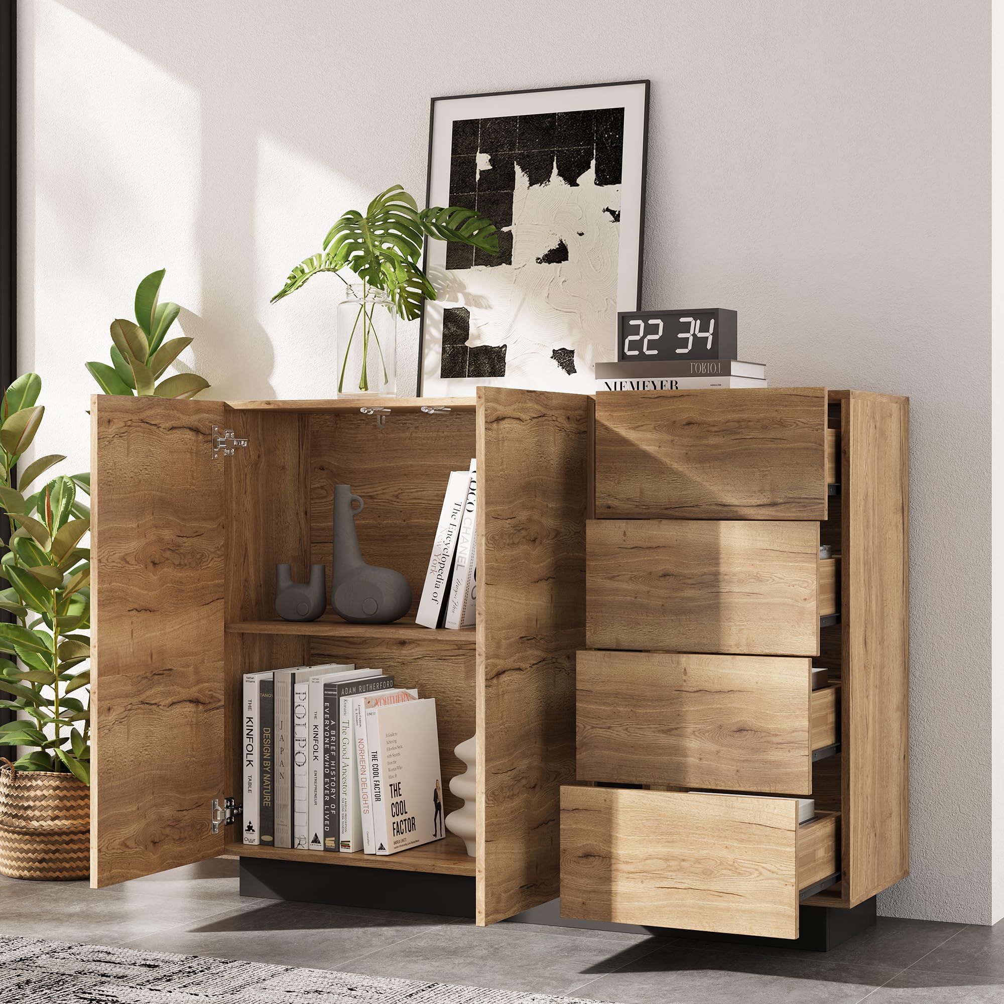 Credenza 120 x 35,5 x 90,5 cm con 2 ante e 4 cassetti, nero naturale