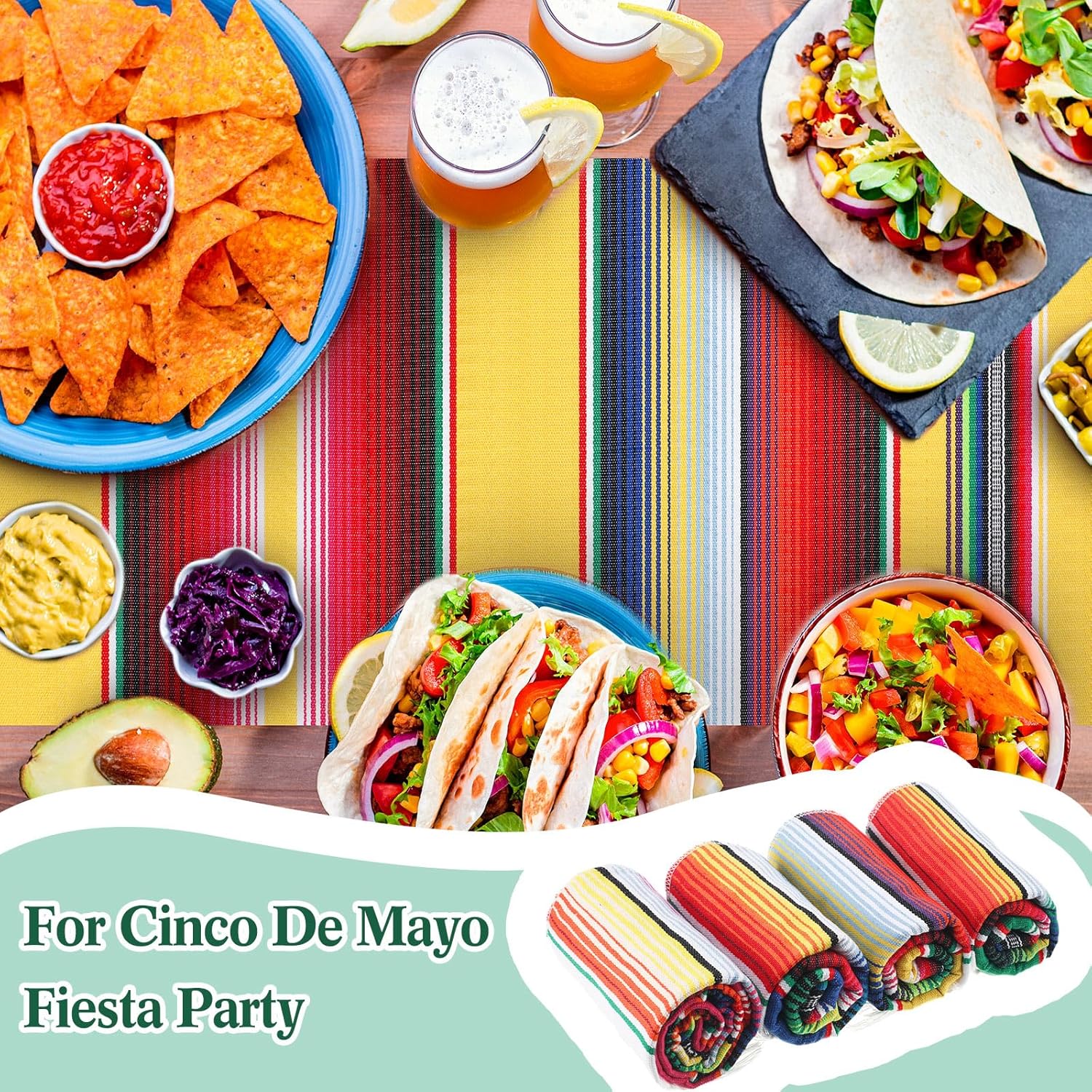 Moukeren 16 Pieces Mexican Serape Table Runners, 14 x 84 Inch Rainbow Boho Fringe Cotton Mexican Theme Party Decoration for Cinco De Mayo Fiesta Party Wedding Serape Birthday(Bright Colors)