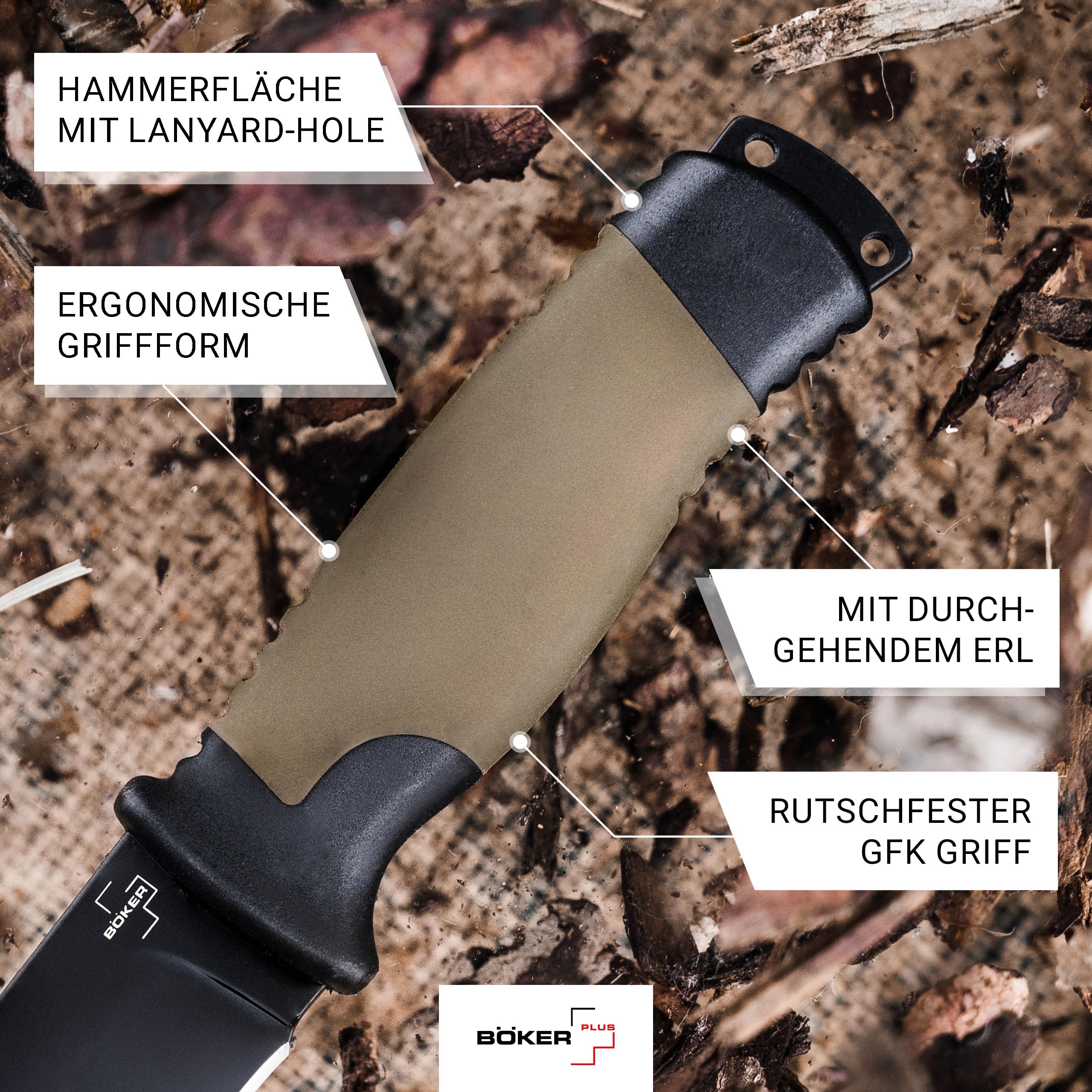 BÖKER PLUS® Desertman - feststehendes Fahrtenmesser mit 11,5 cm schwarzer Sandvik Klinge - Spearpoint Outdoor-Messer mit GFK & TPR Griff in KU-Scheide für Pfadfinder