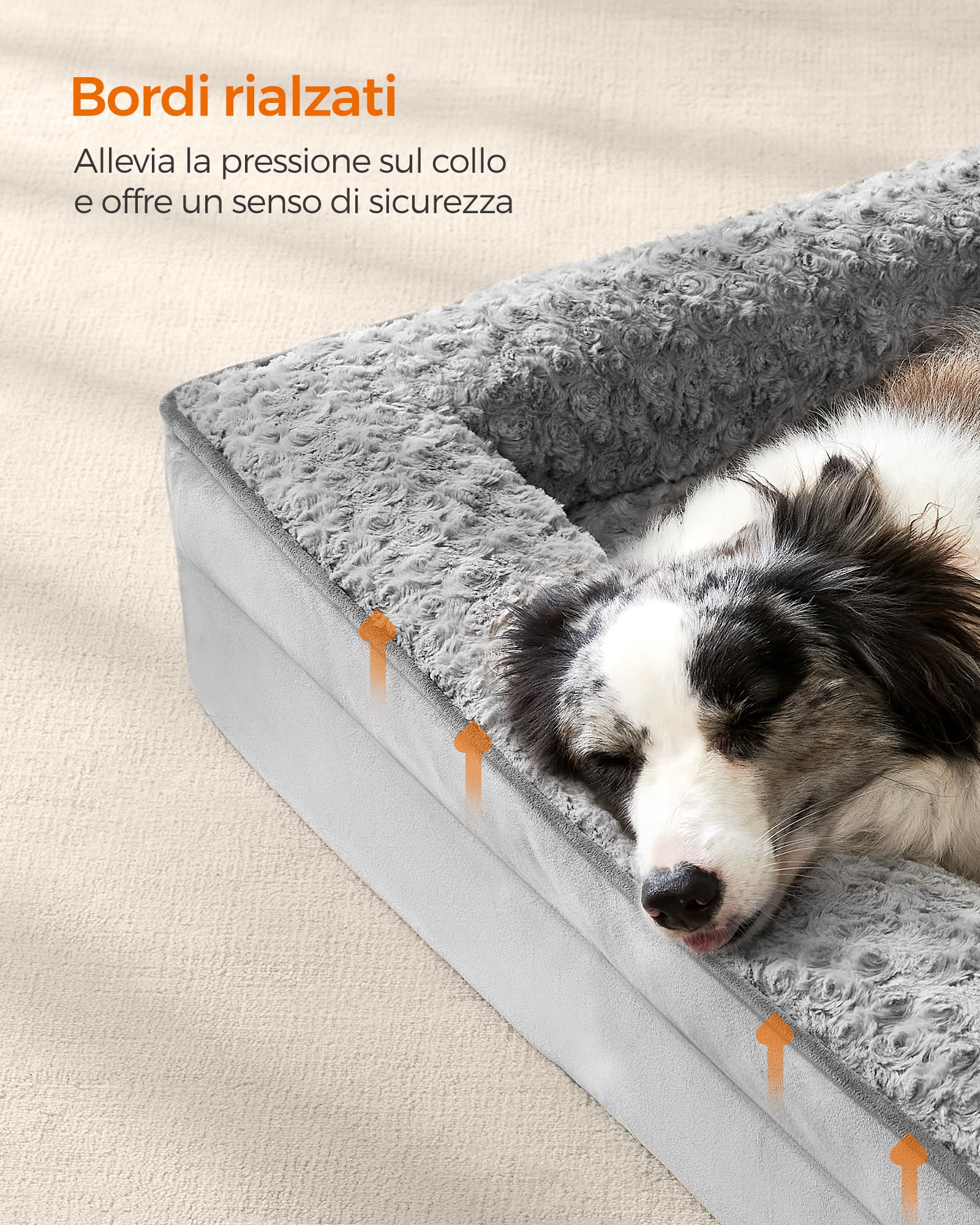 Feandrea Cuccia Cane Interno, Cuccia per Cani, Lettino per Animali, Ortopedico con Gommapiuma Ondulata, Bordi Rialzati, Copertura di Peluche Sfoderabile, 106 x 81 x 18 cm, Grigio Tortora PGW253G01