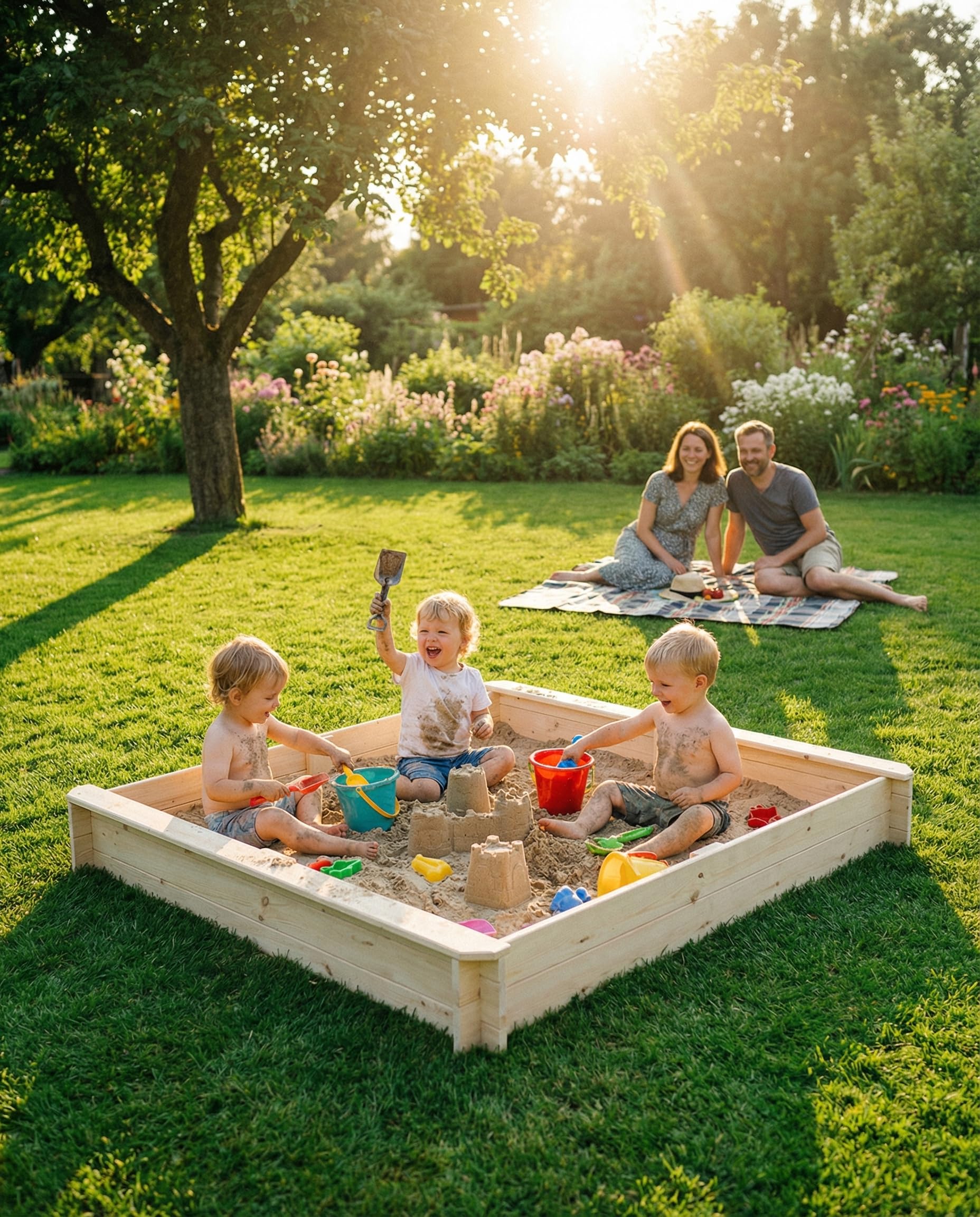 Mega Holz Sandkasten mit Sitzflächen MEGALINO M 117x117x19 cm - Kindersandkasten aus Kiefer mit Sitzflächenrand - Outdoor Sandkiste aus Massivholz für den Garten - 100% Natürliches Holz - sehr robust