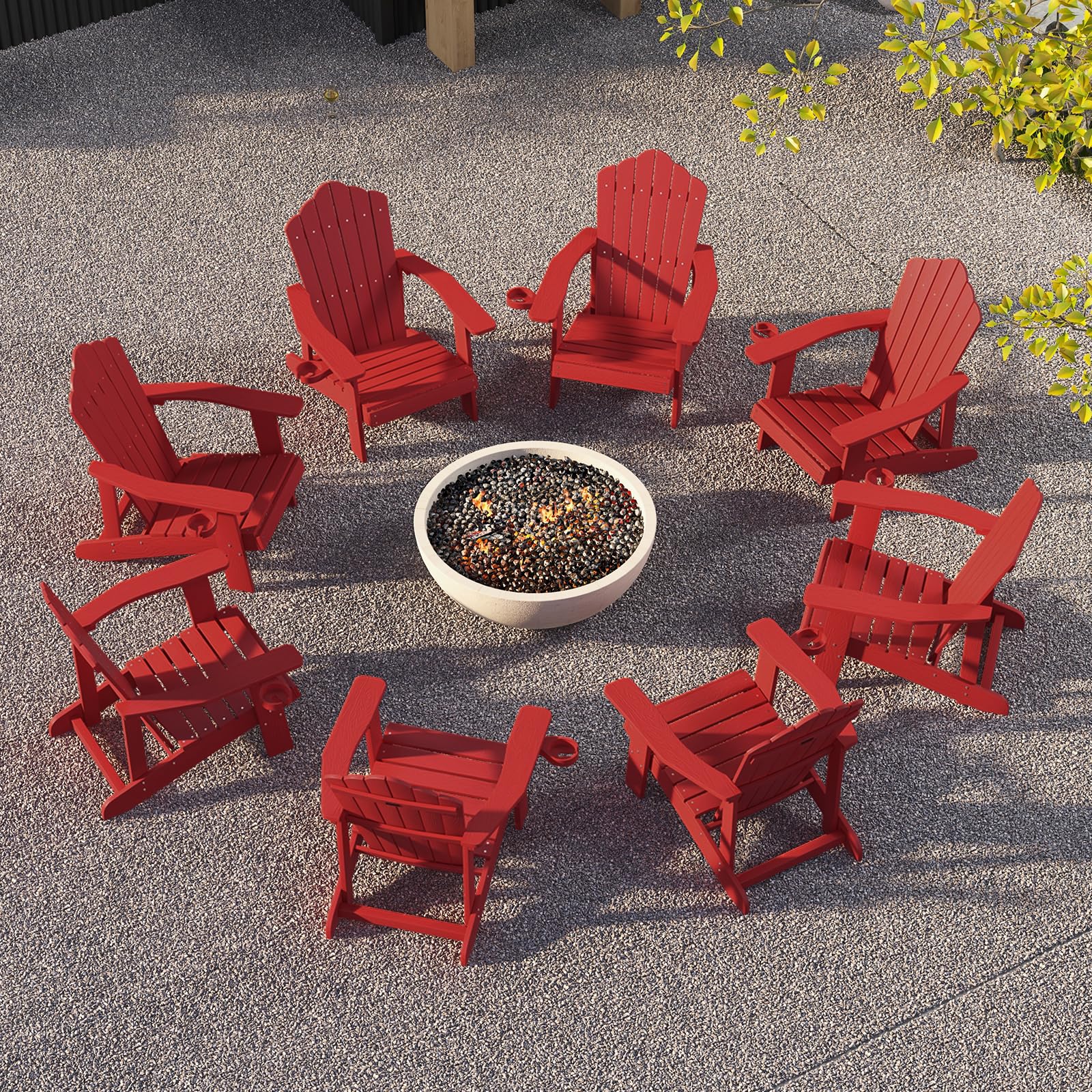 KOMFOTTEU Adirondack Stuhl mit Getränkehalter, Gartenstuhl mit Rücklehne & Armlehnen, Gartensessel wetterfest & ergonomisch, Relaxstuhl bis 170 kg für Balkon, Garten, Strand (Rot)