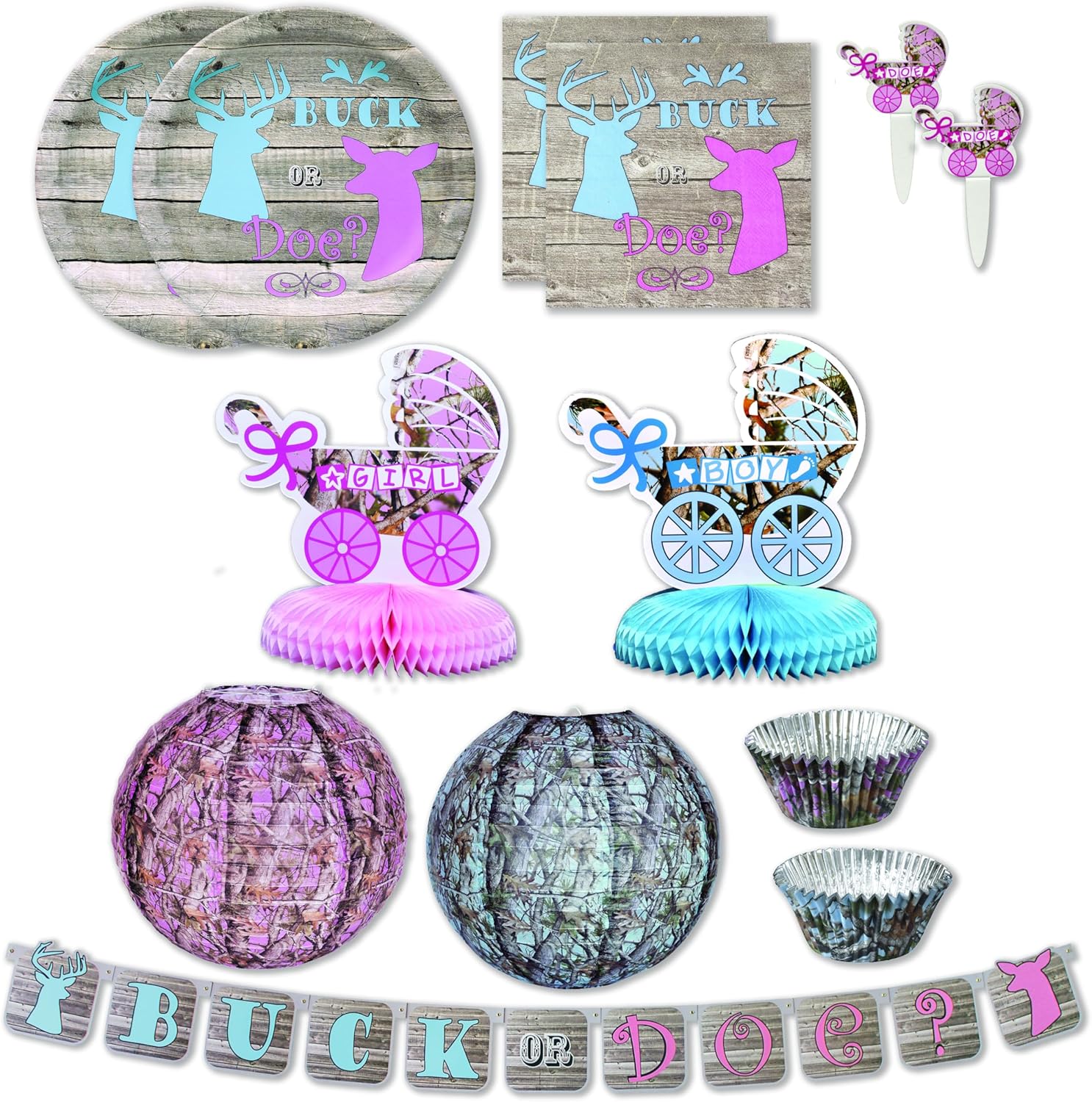 Buck or Doe? Gender Reveal Party for 24 guests! Deluxe Set includes 24 Lg. Plates-32 Napkins-72 CupcakeCups-24 Party Picks-2 Centerpiece-2 Camo Lantern-1 Decorative Banner. BoyorGirl Reveal- Havercamp