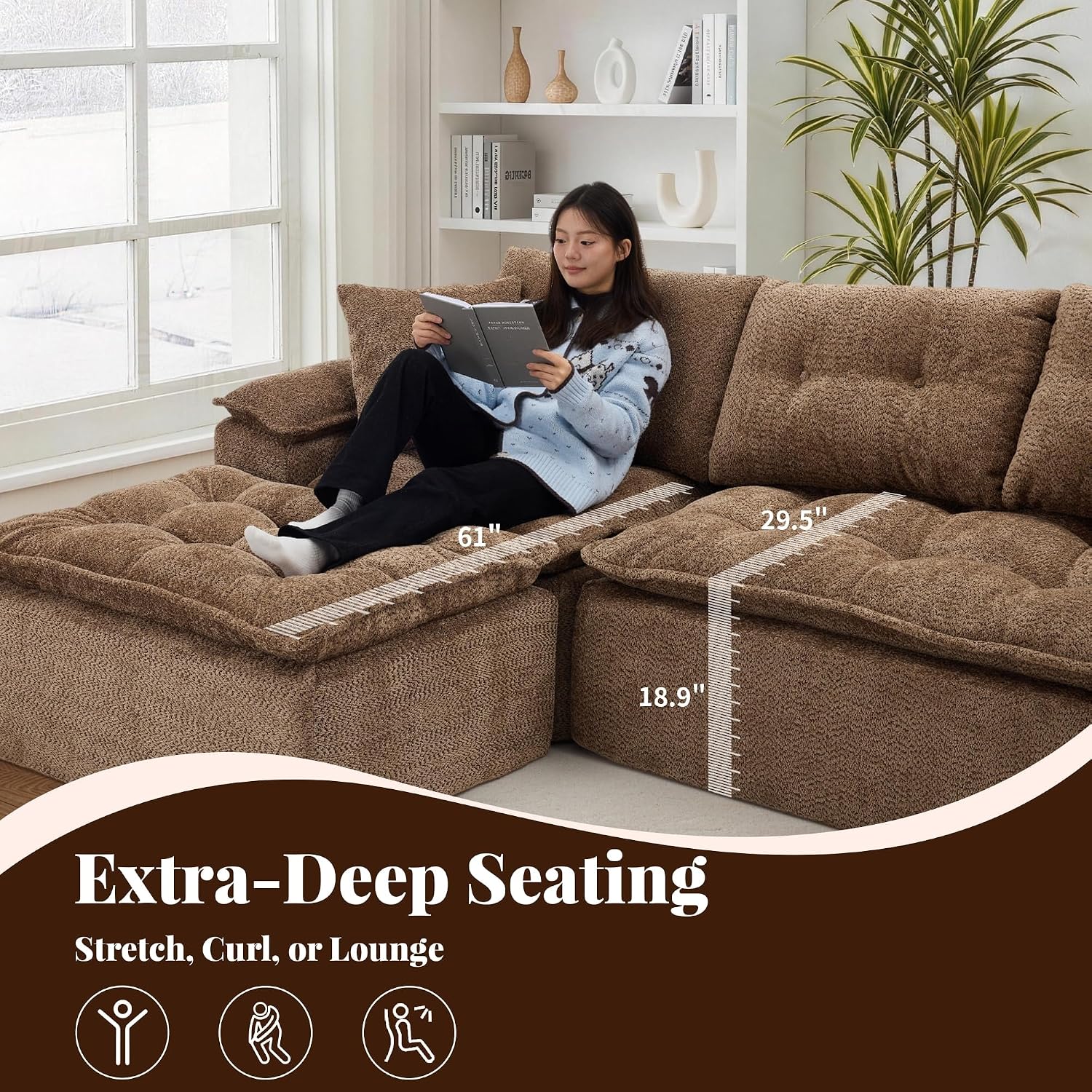 Korser 110" Cloud Sectional Couch with Ottoman, Modern Modular Sectional Sofa with Deep Seat, Upholstered Boneless Couch for Living Room, L Shaped Sofa with Layered Cushion (Brown, No Assembly)