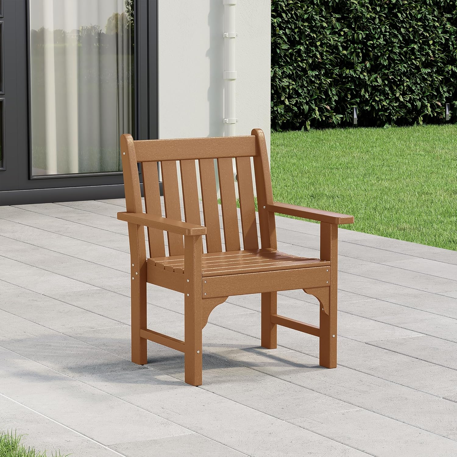 Costaelm Outdoor Dining Arm Chair, Patio HDPE Garden Dining Table Chair, Poly Lumber Waterproof Restaurant Bistro Farmhouse Chairs for Outside Porch Backyard, Teak