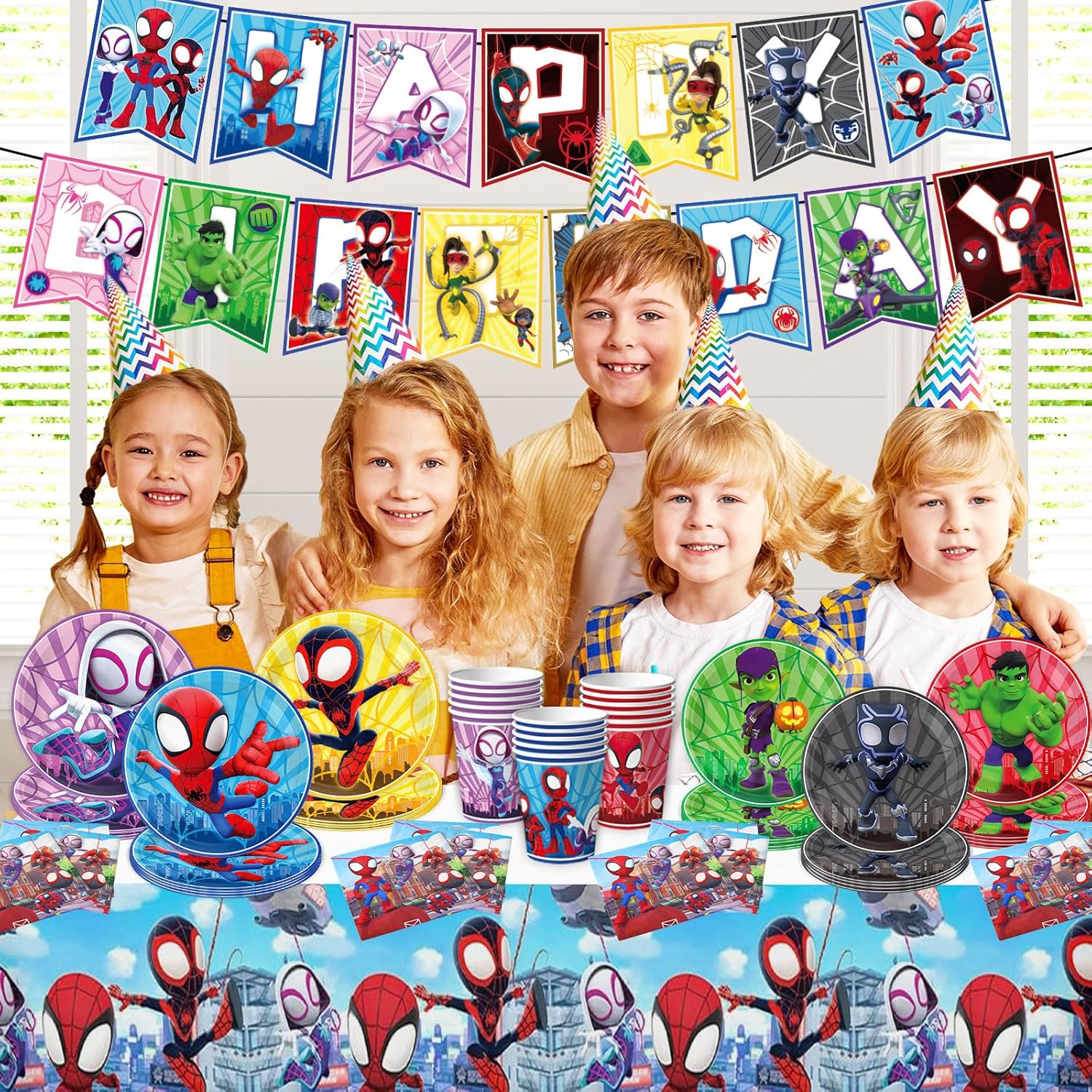 Birthday Party Supplies,68 pcs Party Decorations include 6 Different Style Paper Plates,2 Large Tablecloth,Happy Birthday Banner,Napkins and Cups for Boys Girls Decor, Serve 15+ Guest