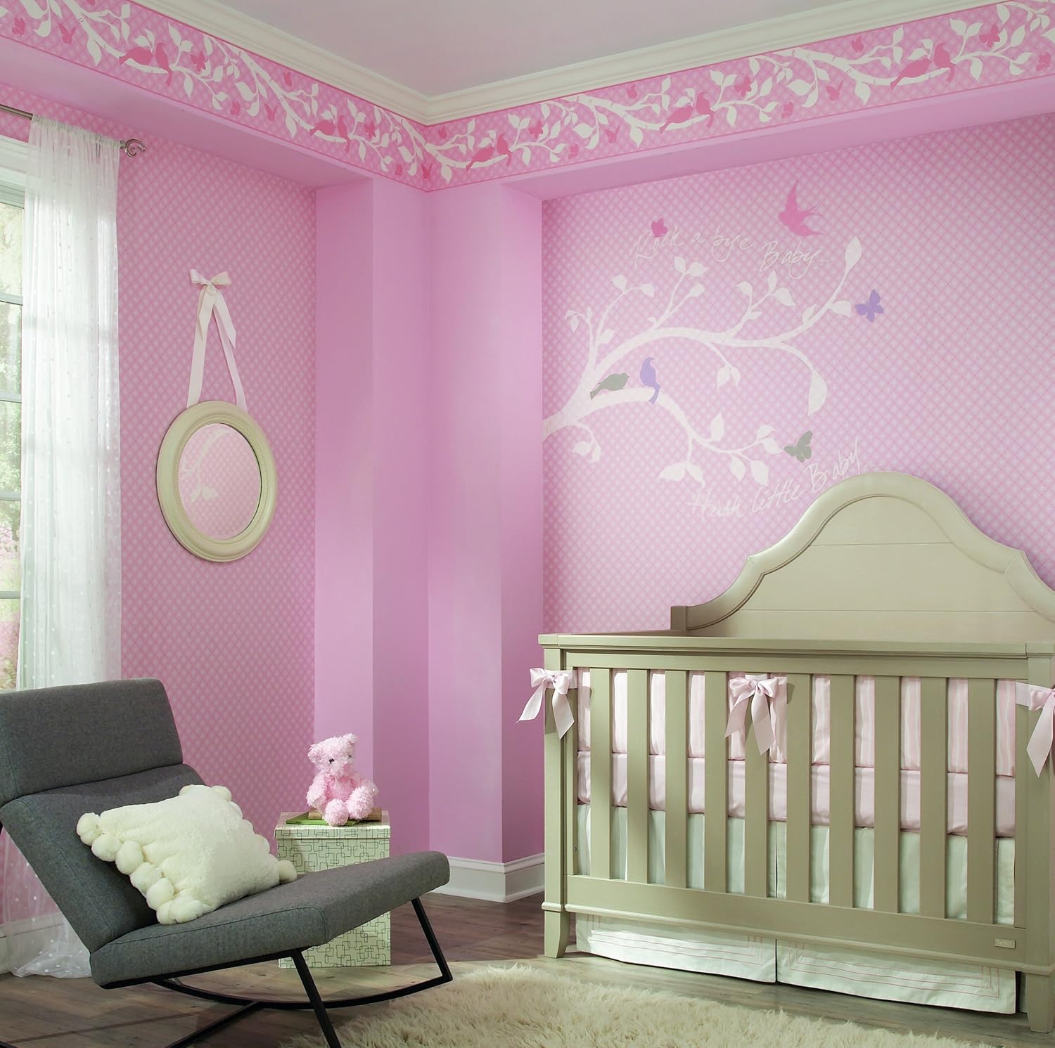RoomMates York Wallcoverings YS9229BD Peek-A-Boo Garden Branch Border, Powder Pink/Lavender Pink/Medium Pink/White