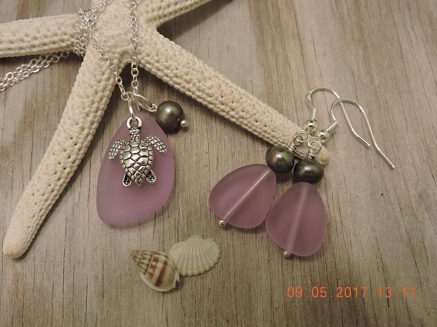 Handmade Magical Color Changing purple sea glass Necklace+Earrings Set, Natural pearl, turtle charm, February Birthstone, (Hawaii Gift Wrapped)
