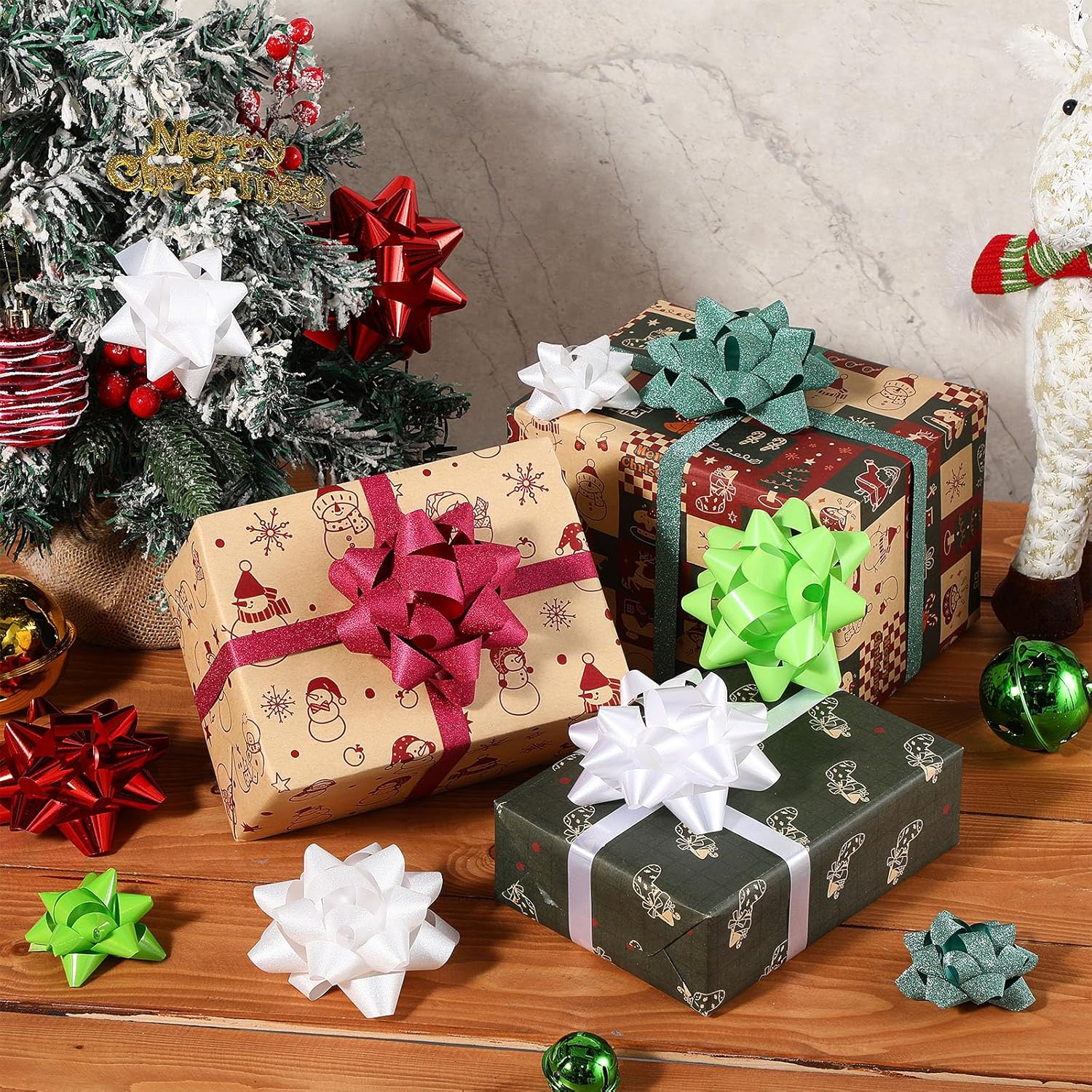 Wavwavw 36 Pcs Gift Bows Assortment with 2 Crimped Ribbons, Multi Colored Assorted Size Present Bows for Weddings, Holiday(Red, Green, White)