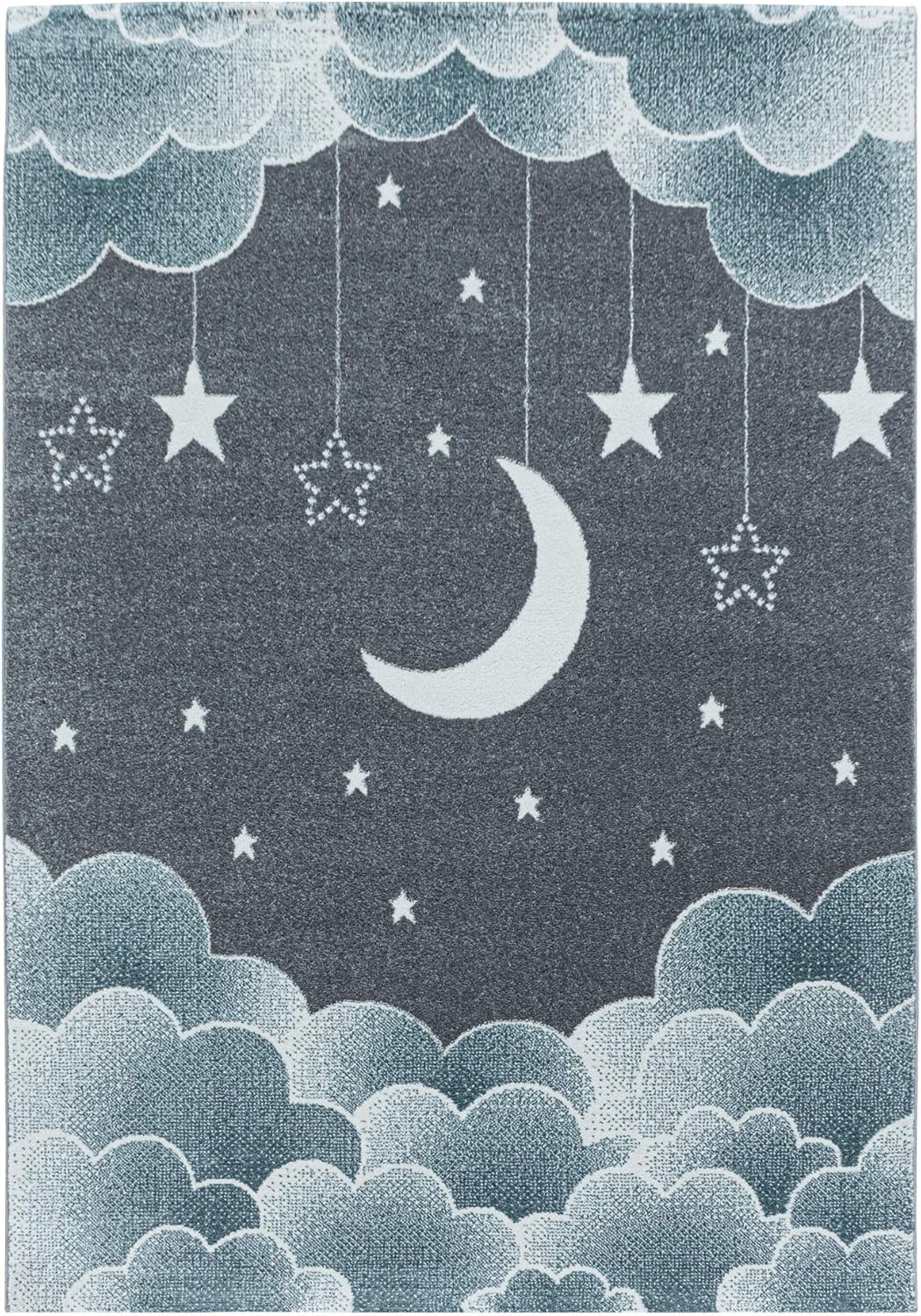 Funny Kids Soft Blue, Pink Yellow Clouds Moon Stars in the Sky Rug in Various Sizes Nursery Carpet (2101 Blue, 160x230 cm (5'3''x7'7''))