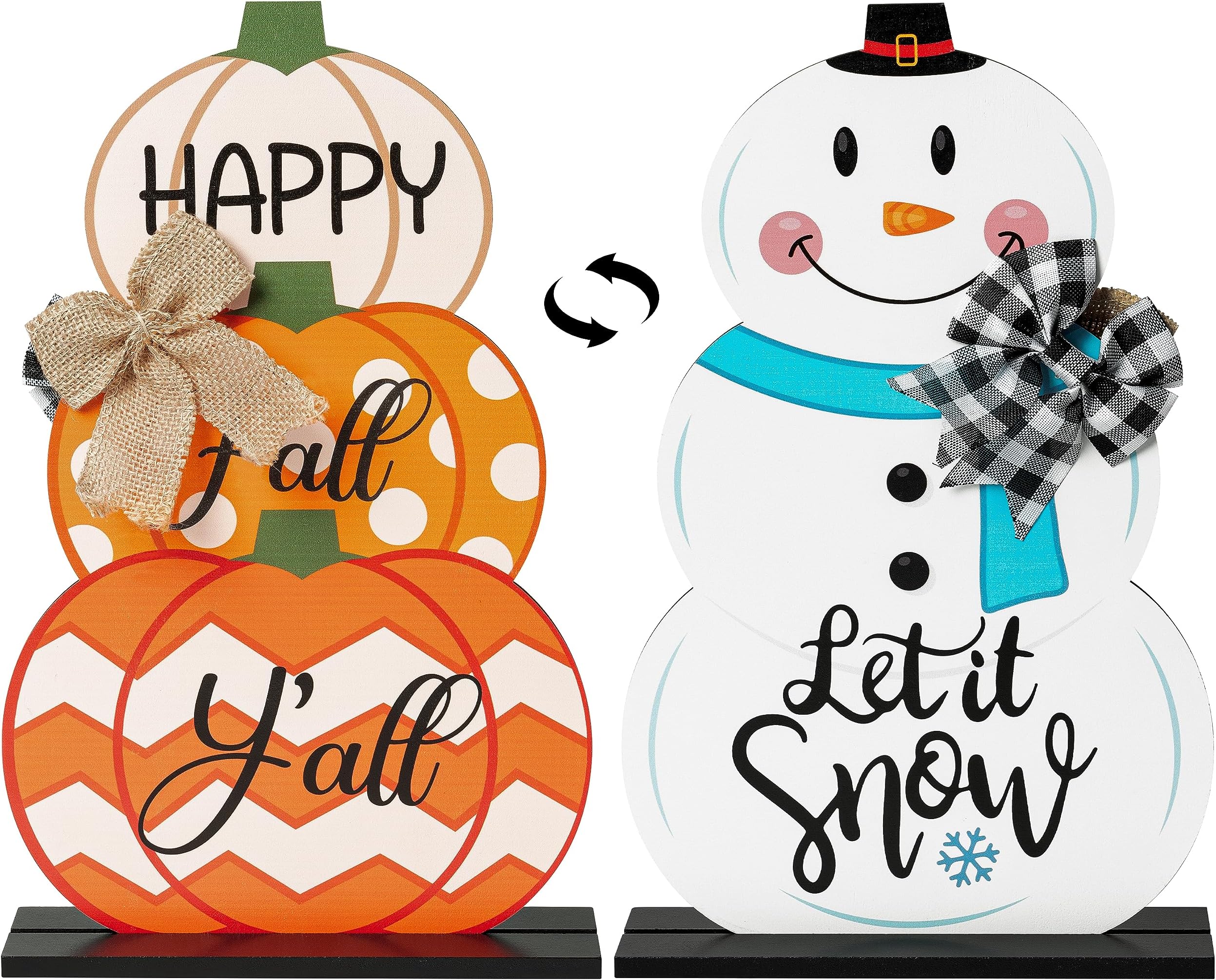 B1ykin Fall Winter Farmhouse Pumpkin Snowman Reversible Wooden Decoration Centerpieces, Autumn Double Printed Tiered Tray Freestanding Table Signs Block Set for Home Thanksgiving Halloween Christmas