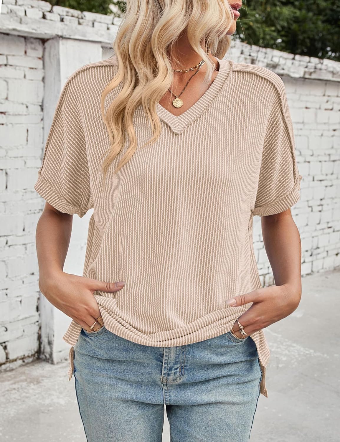 Women's Textured Oversized T Shirts Short Sleeve Summer Ribbed V Neck Tunic Tops Loose Blouses - Image 5