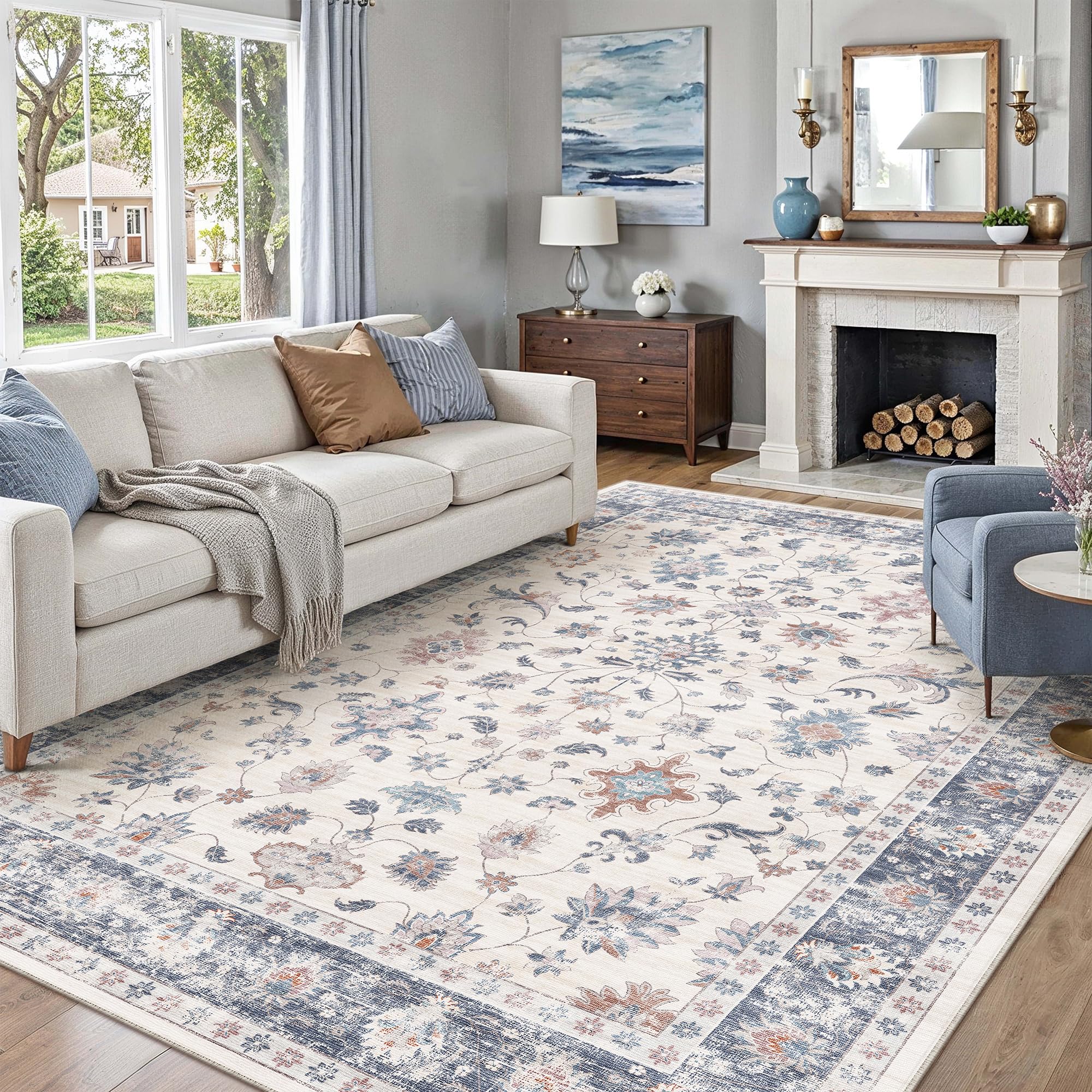 PureCozy Rugs Living Room 200x300 cm Vintage Washable Non Slip Area Rugs Retro Floral Large Lightweight Carpet for Bedroom Dining Room Hall Lounge Office Indoor Home Decor, Blue & White