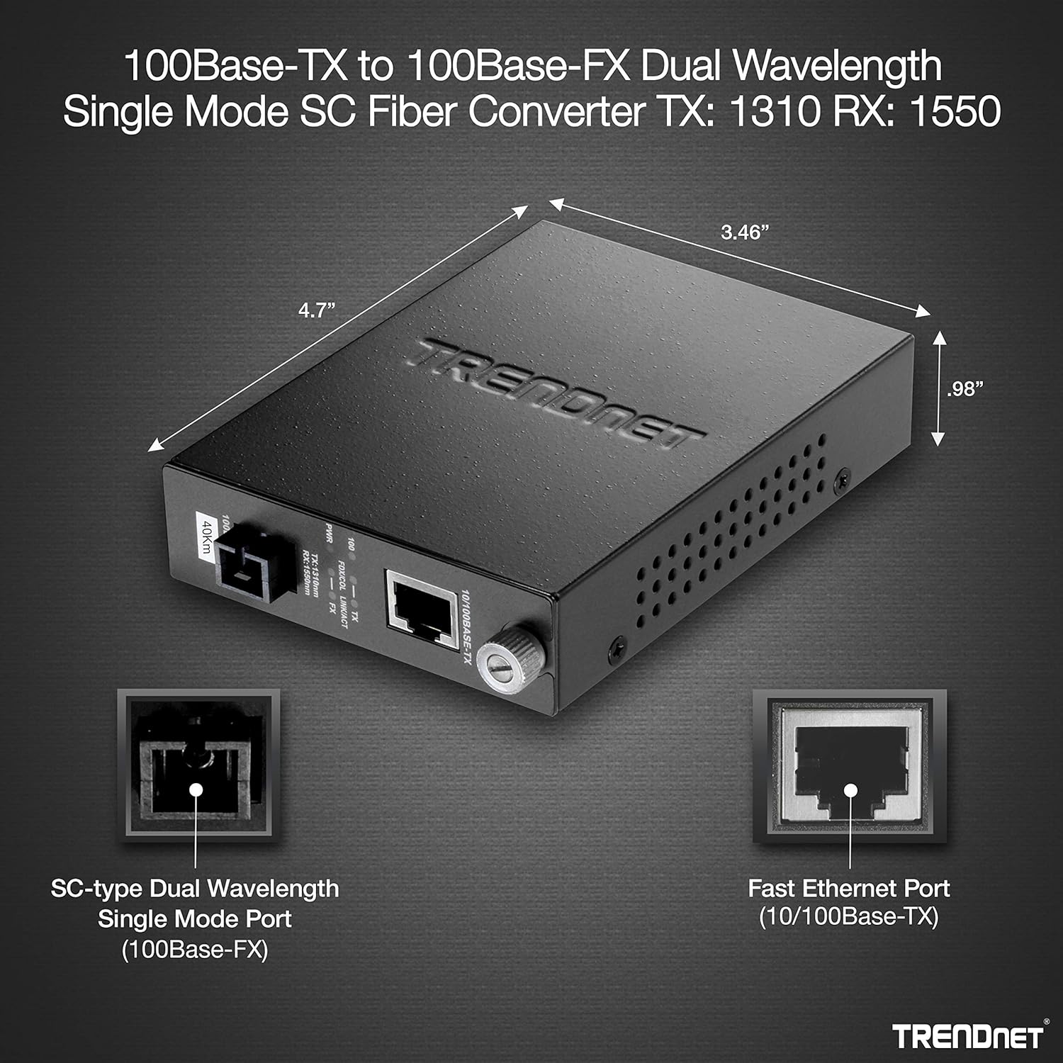 TRENDnet 100Base-TX to 100Base-FX Dual Wavelength Single Mode SC Fiber Media Converter TX:310nm (40 Km, 24.9 Miles), RJ-45 port, Fiber to Ethernet Converter, Lifetime Protection, TFC-110S40D3