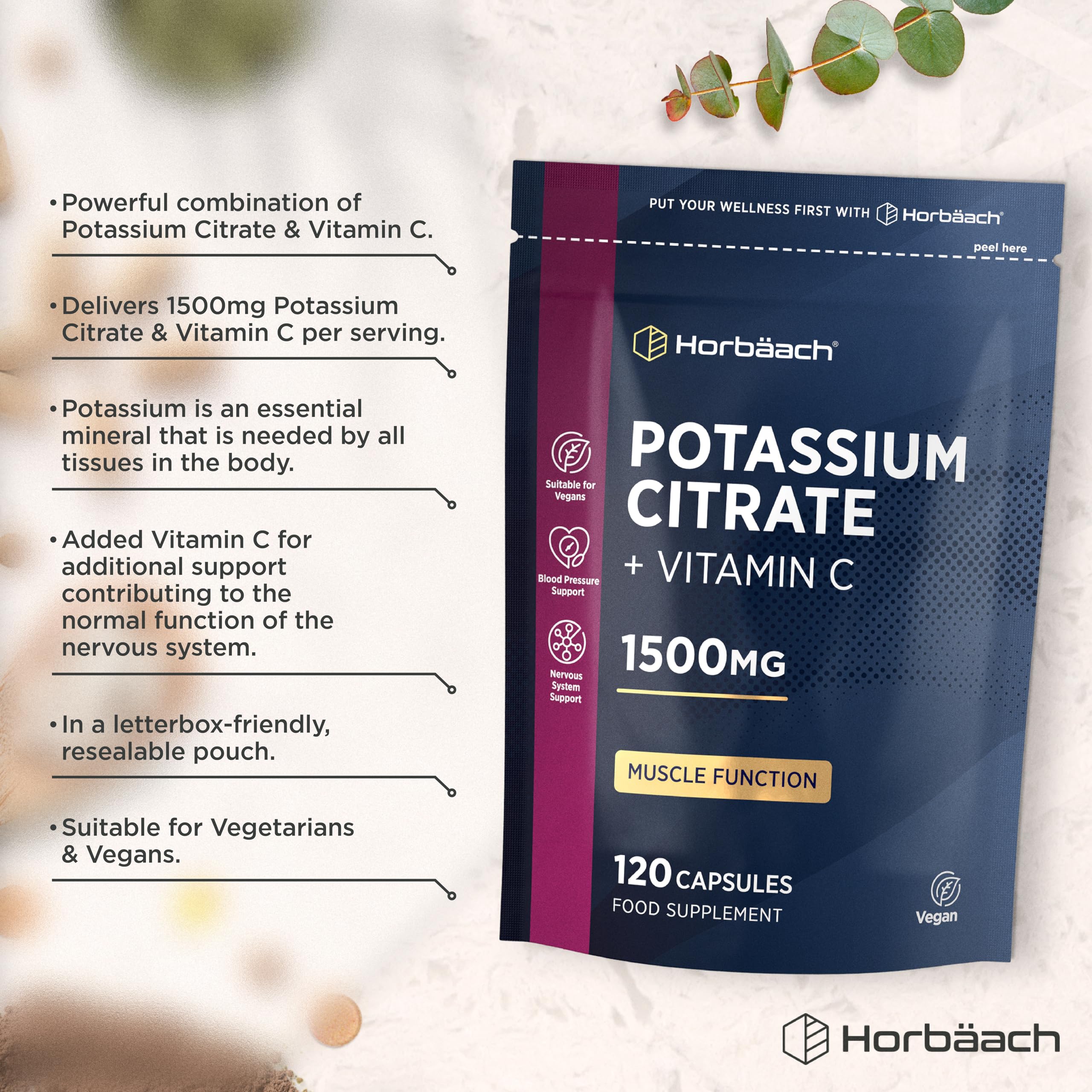 Citrato di Potassio con Vitamina C | 120 Compresse Vegane | 1500mg di Potassium Citrate | Aumento della massa muscolare e Elettroliti (EFSA) | Integratore di Potassio | Horbaach