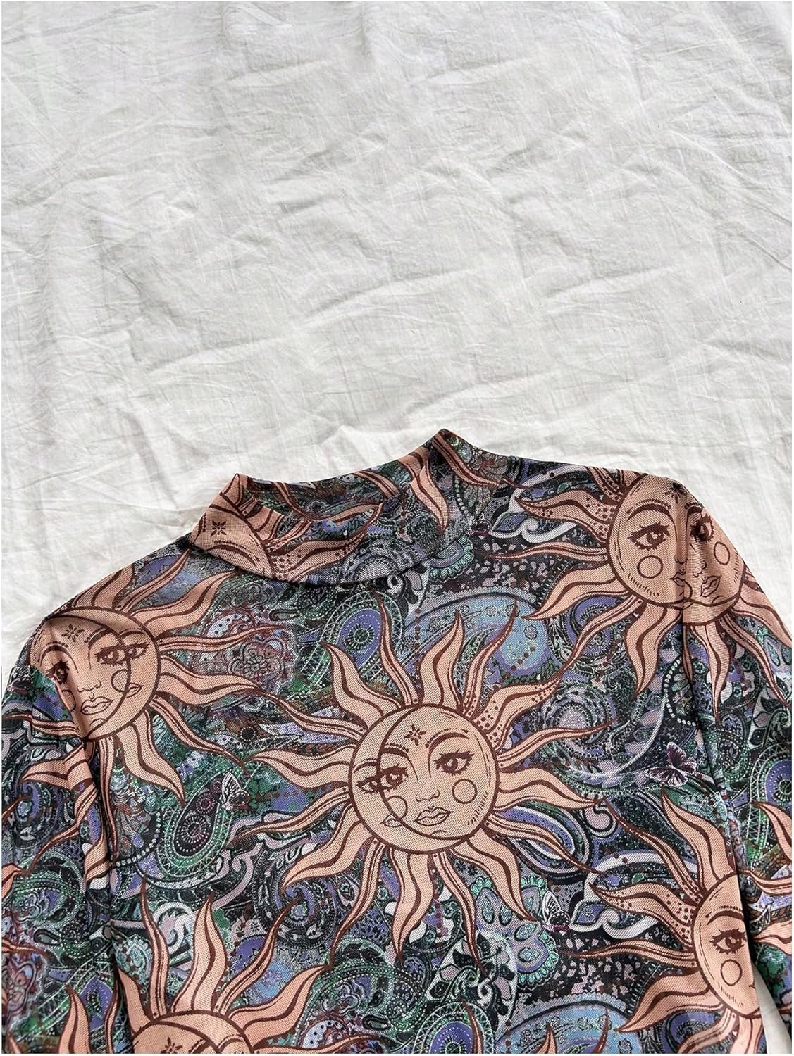 Floerns Women's Mesh Gothic Bell Sleeve T Shirts Mock Neck Paisley Halloween Hippie Crop Tops Brown Multi Medium - Image 4