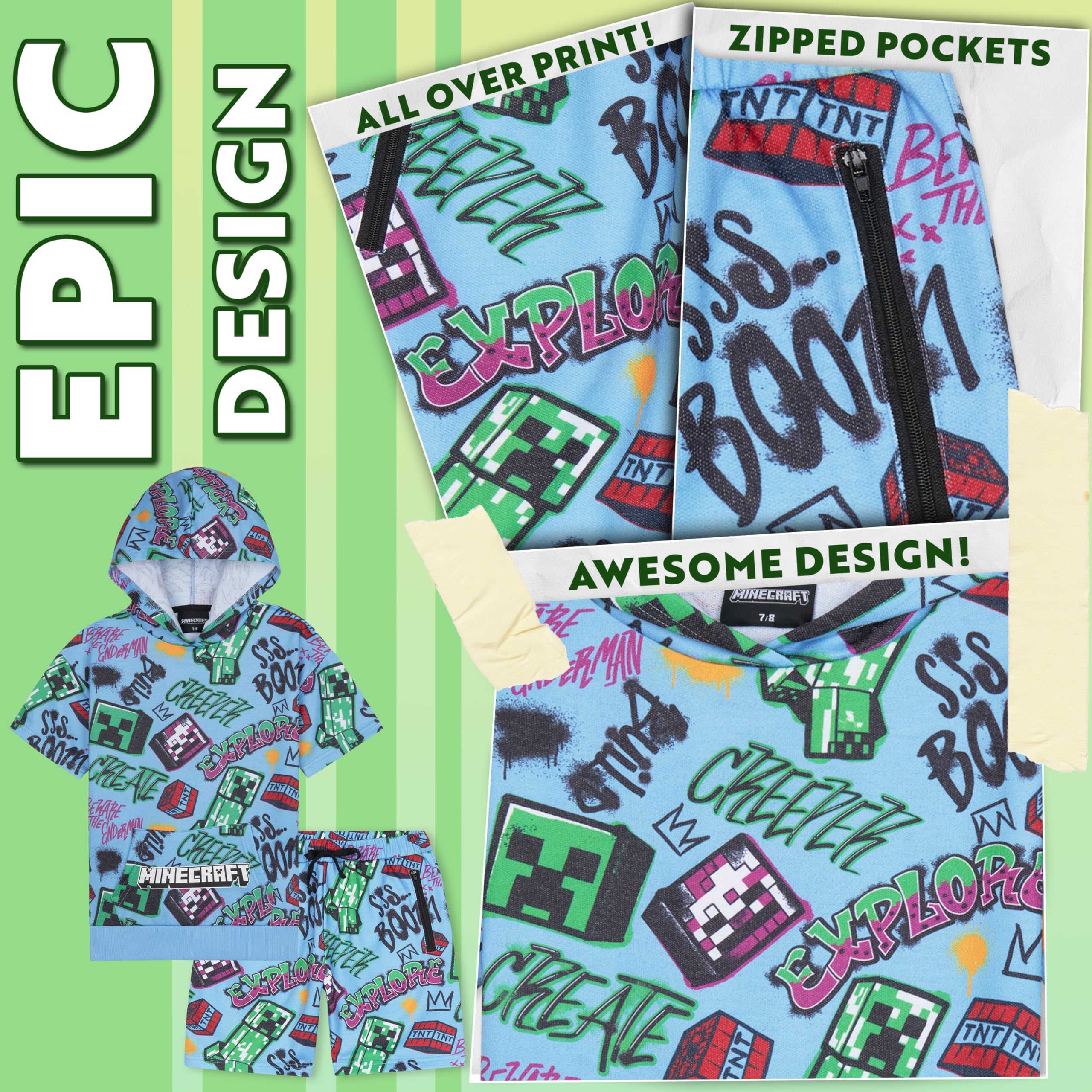 Minecraft Conjunto de 2 piezas de sudadera con capucha y pantalones cortos para niños y adolescentes, de manga corta, con capucha, bolsillos con cremallera, ropa deportiva casual